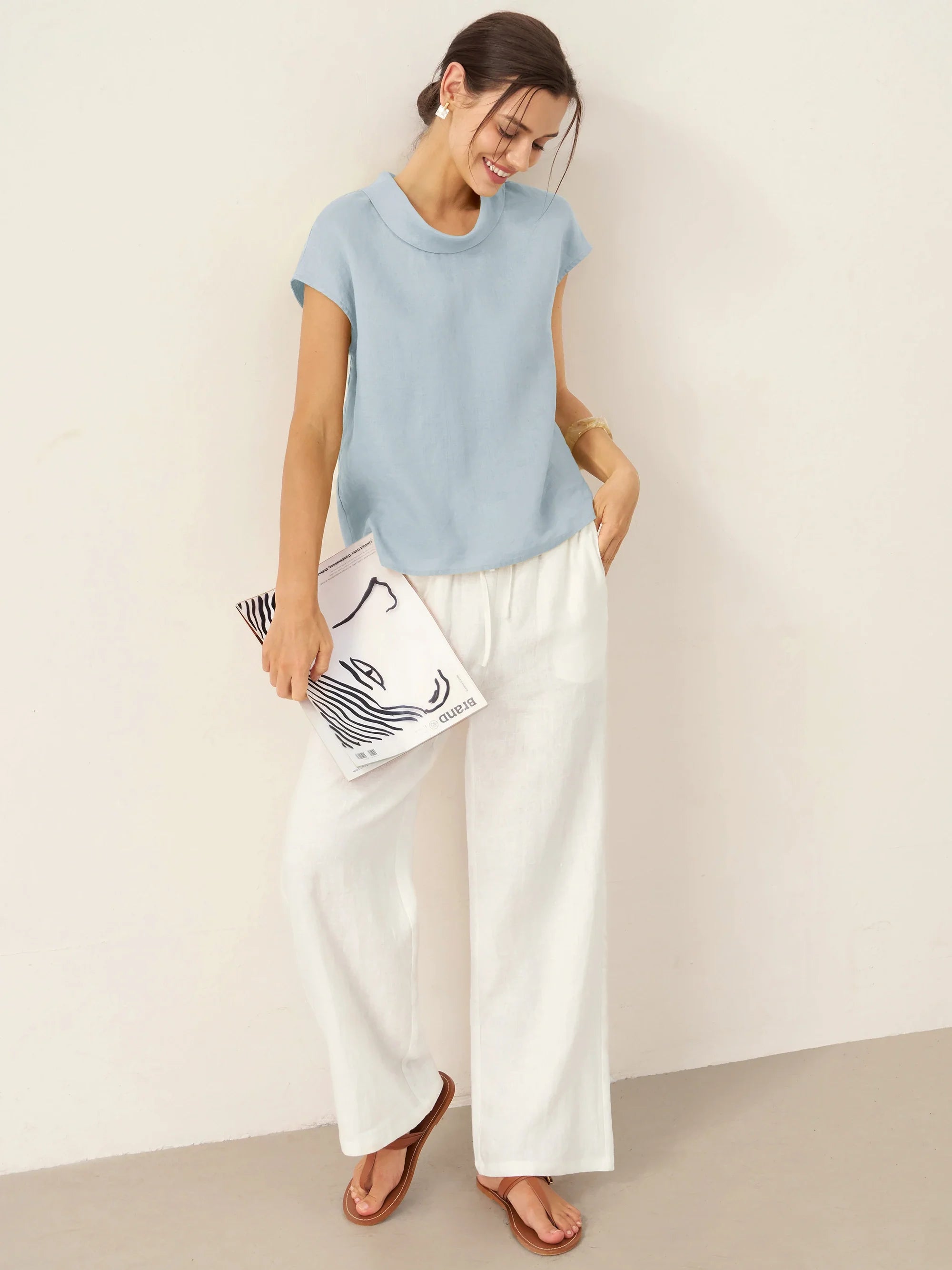 100% Linen Cap Sleeve Soft-Fold Collar Top YVONNE DestGlow