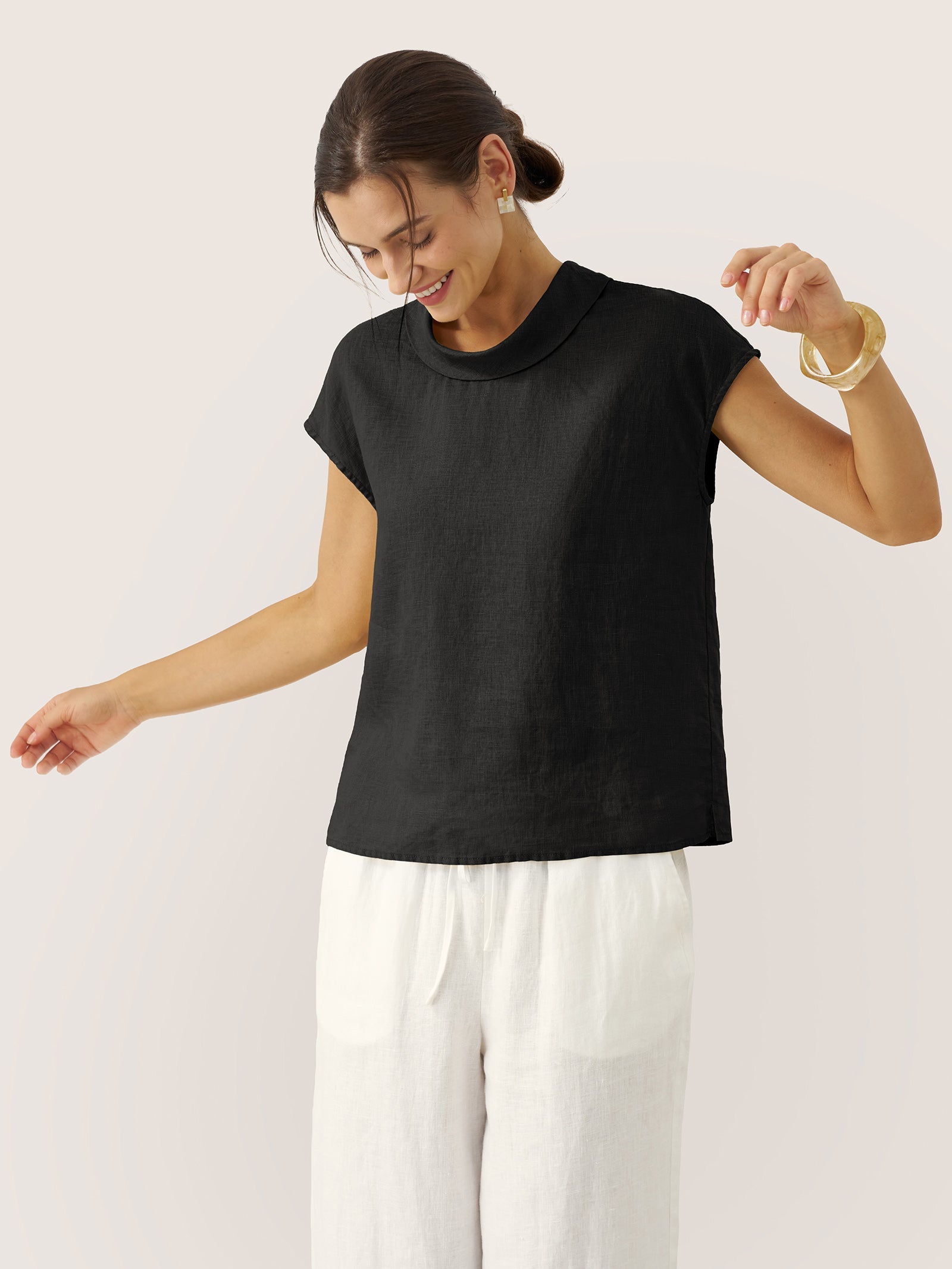 100% Linen Cap Sleeve Soft-Fold Collar Top YVONNE by LINTICO