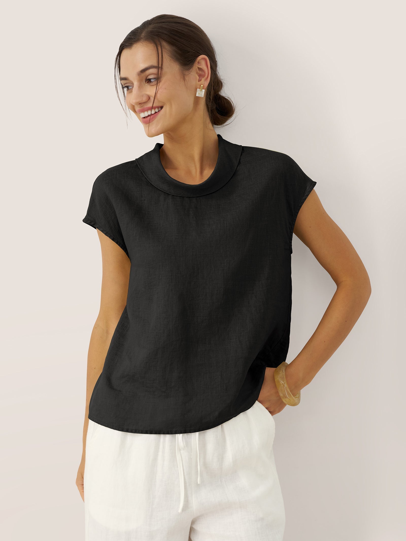 100% Linen Cap Sleeve Soft-Fold Collar Top YVONNE by LINTICO