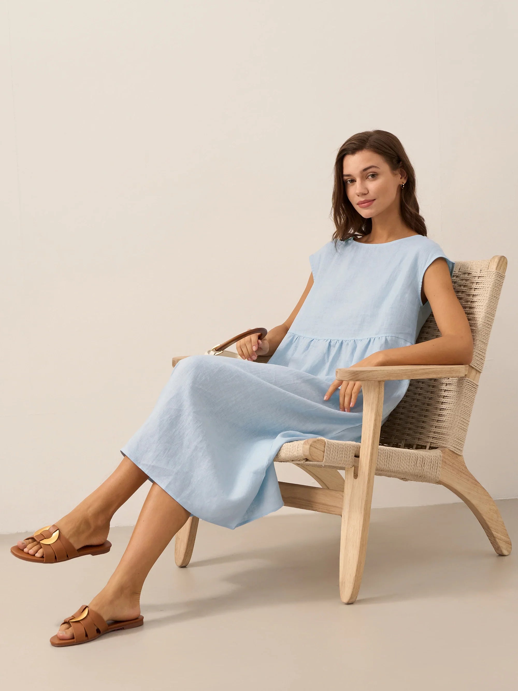 100% Linen Cap Sleeve Washed Maxi Dress JOAN by LINTICO
