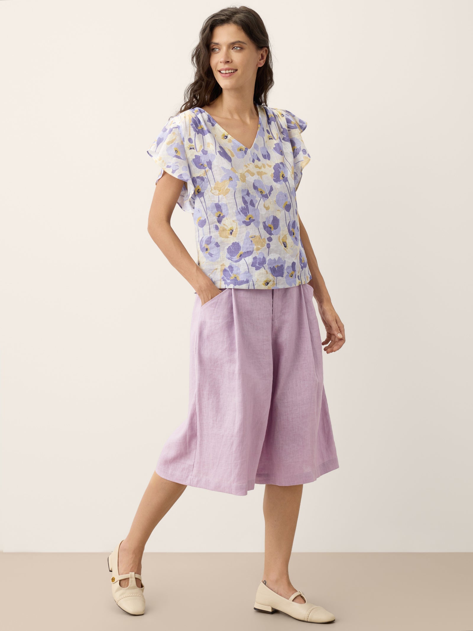100% Linen Carnation Print Flutter Sleeve Top ELEANORA by LINTICO
