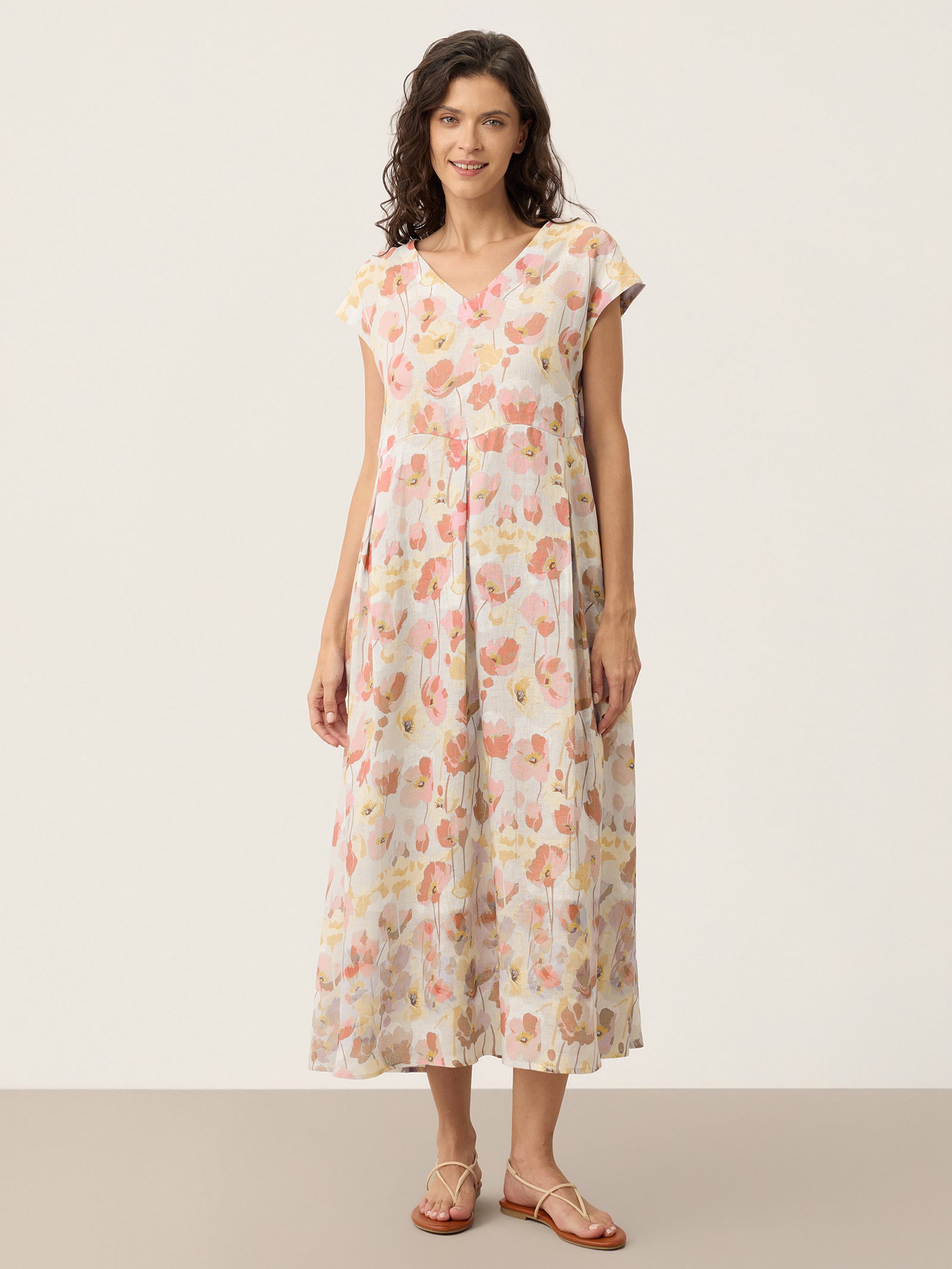 100% Linen Carnation Print Scalloped Waist Maxi Dress HARRIET DestGlow