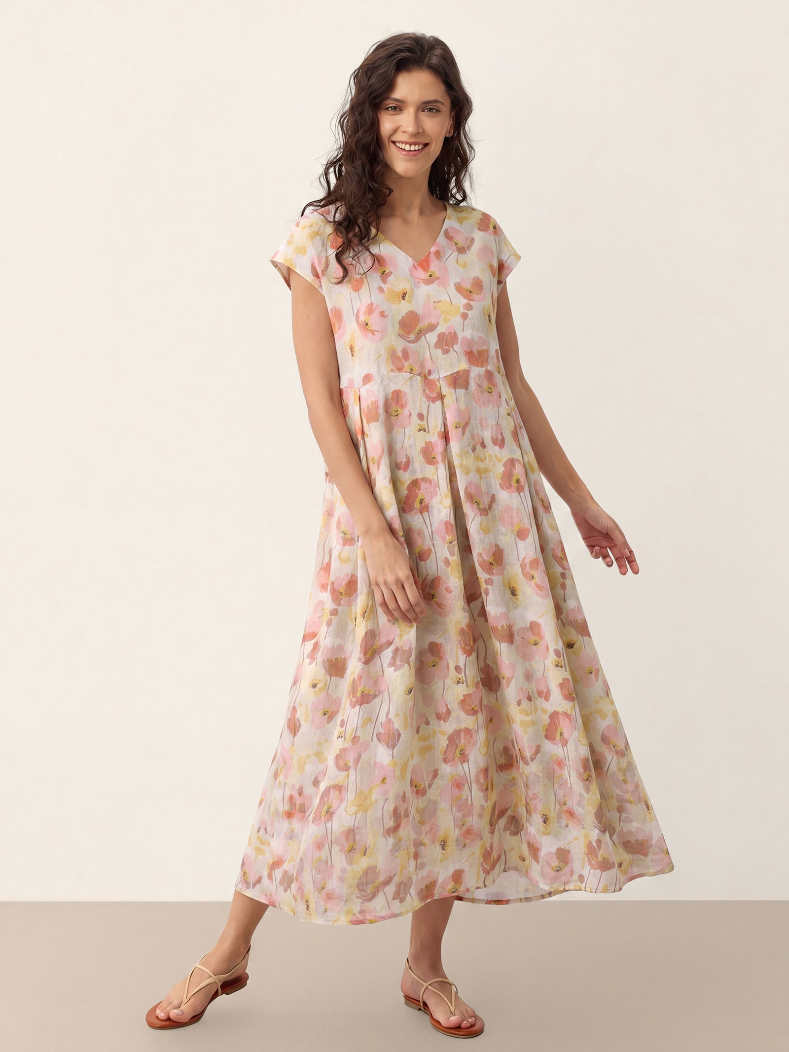 100% Linen Carnation Print Scalloped Waist Maxi Dress HARRIET DestGlow