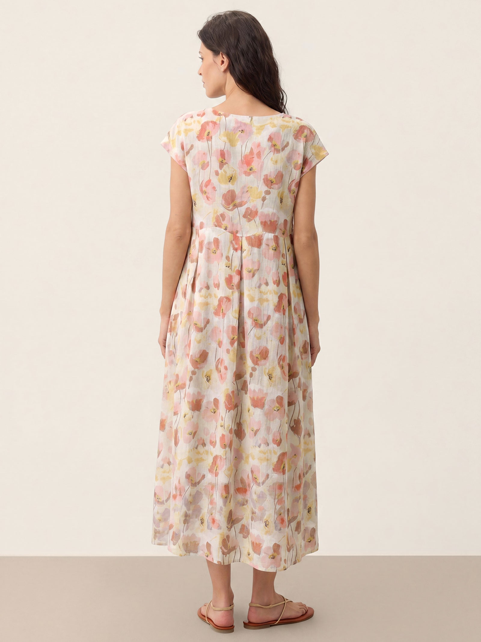 100% Linen Carnation Print Scalloped Waist Maxi Dress HARRIET DestGlow