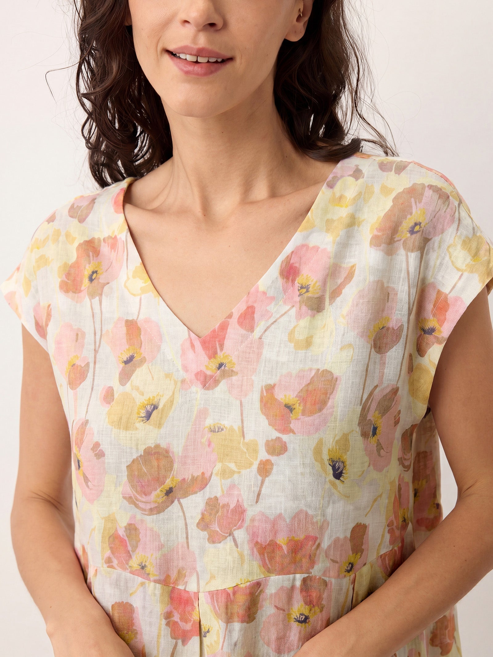 100% Linen Carnation Print Scalloped Waist Maxi Dress HARRIET DestGlow