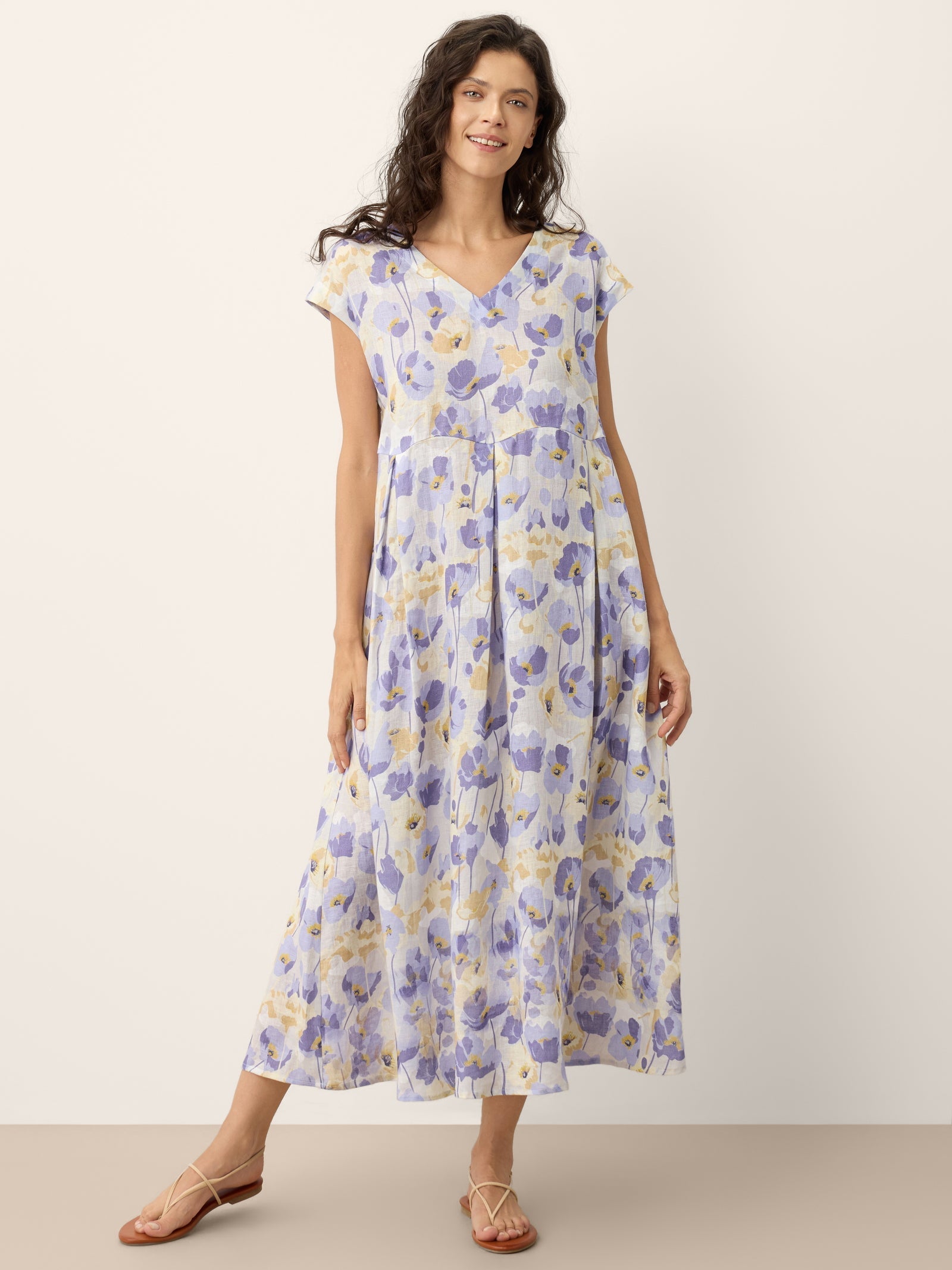 100% Linen Carnation Print Scalloped Waist Maxi Dress HARRIET DestGlow