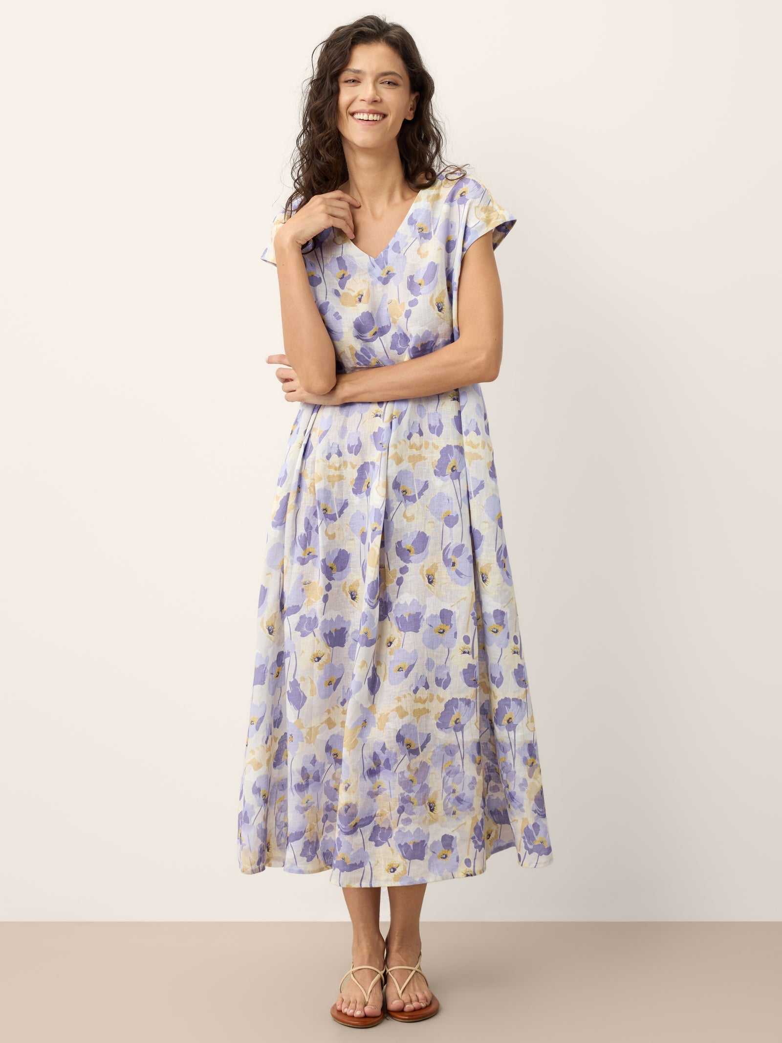 100% Linen Carnation Print Scalloped Waist Maxi Dress HARRIET DestGlow
