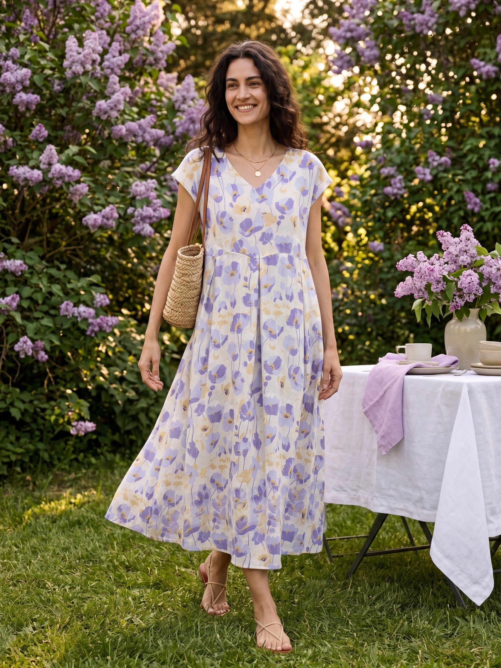 100% Linen Carnation Print Scalloped Waist Maxi Dress HARRIET DestGlow