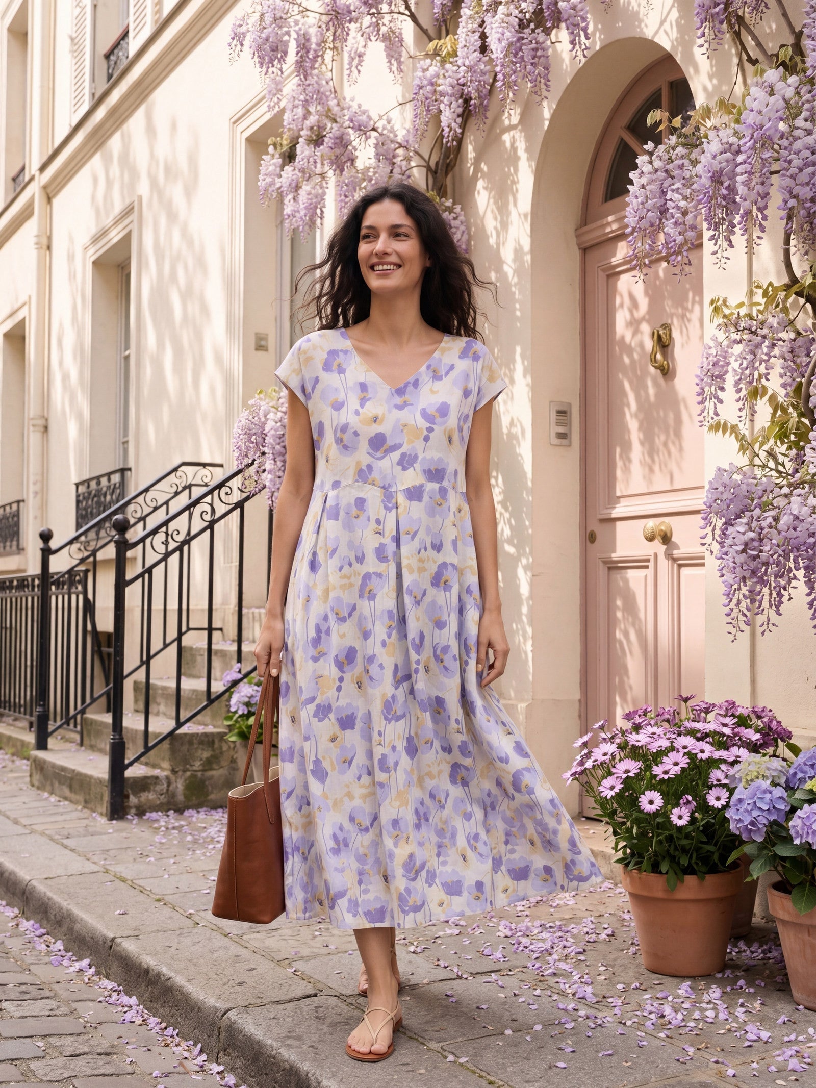 100% Linen Carnation Print Scalloped Waist Maxi Dress HARRIET DestGlow