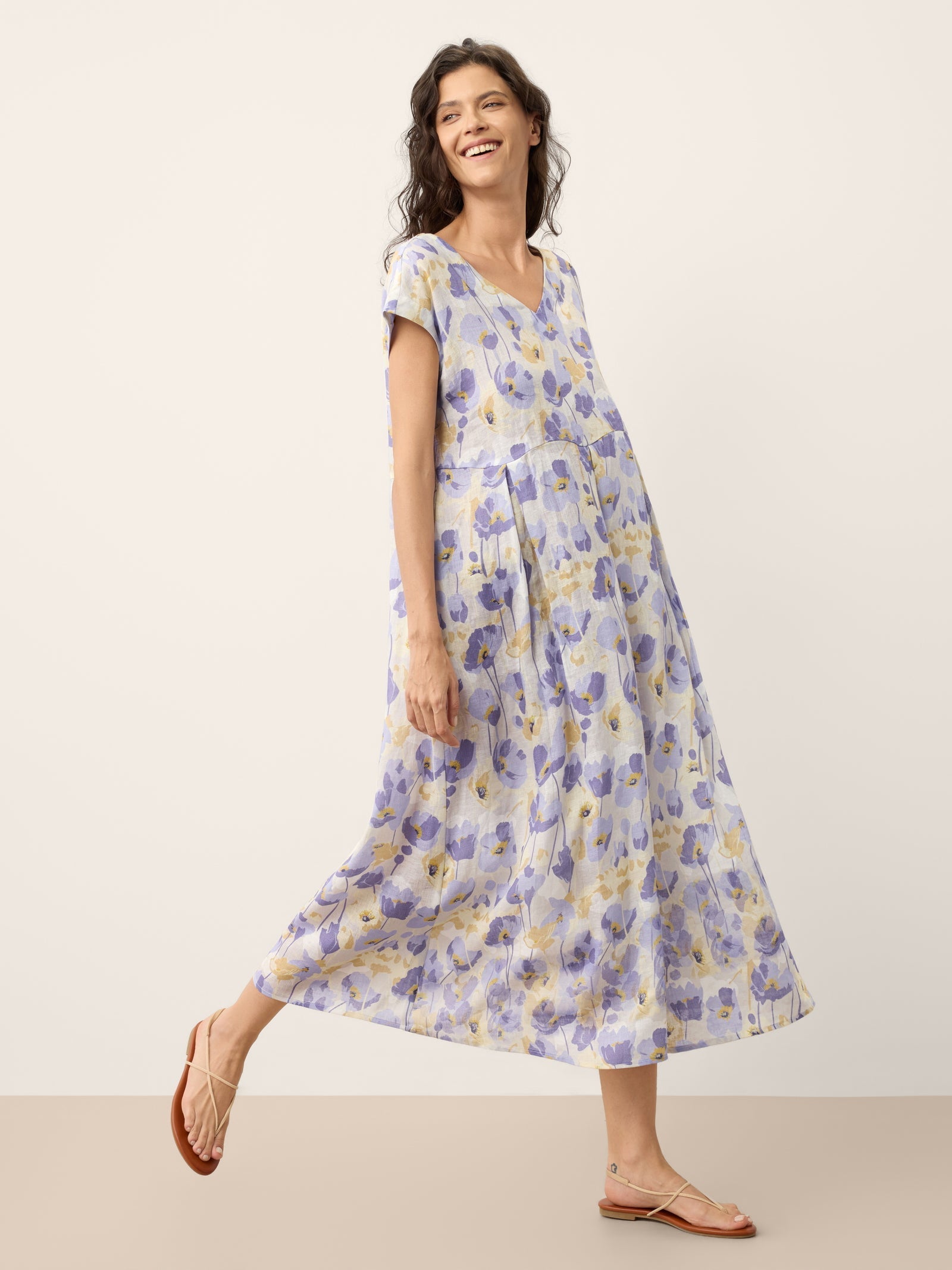100% Linen Carnation Print Scalloped Waist Maxi Dress HARRIET DestGlow