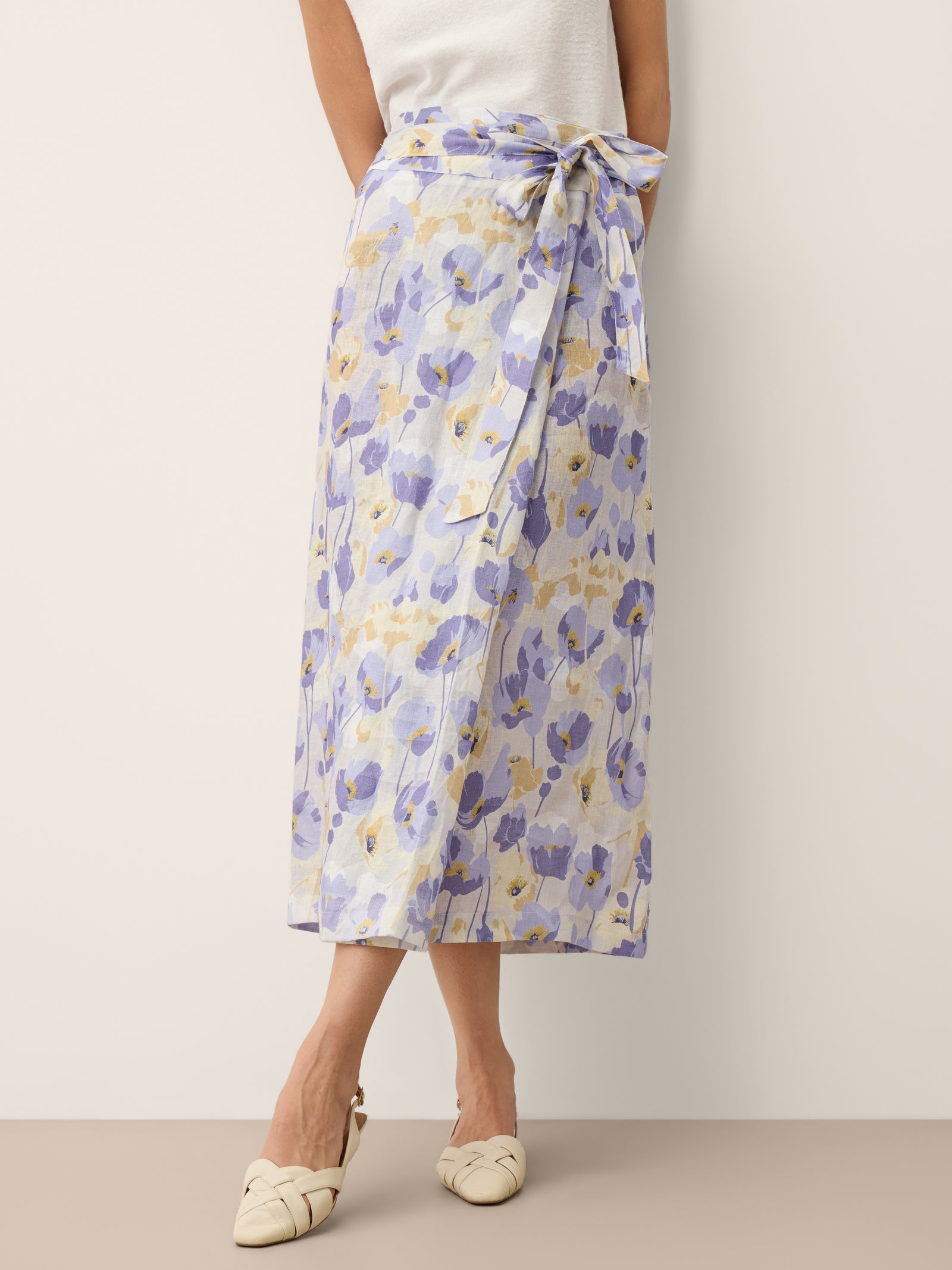 100% Linen Adjustable Wrap-Tie Carnation Print Skirt FRANCESCA DestGlow