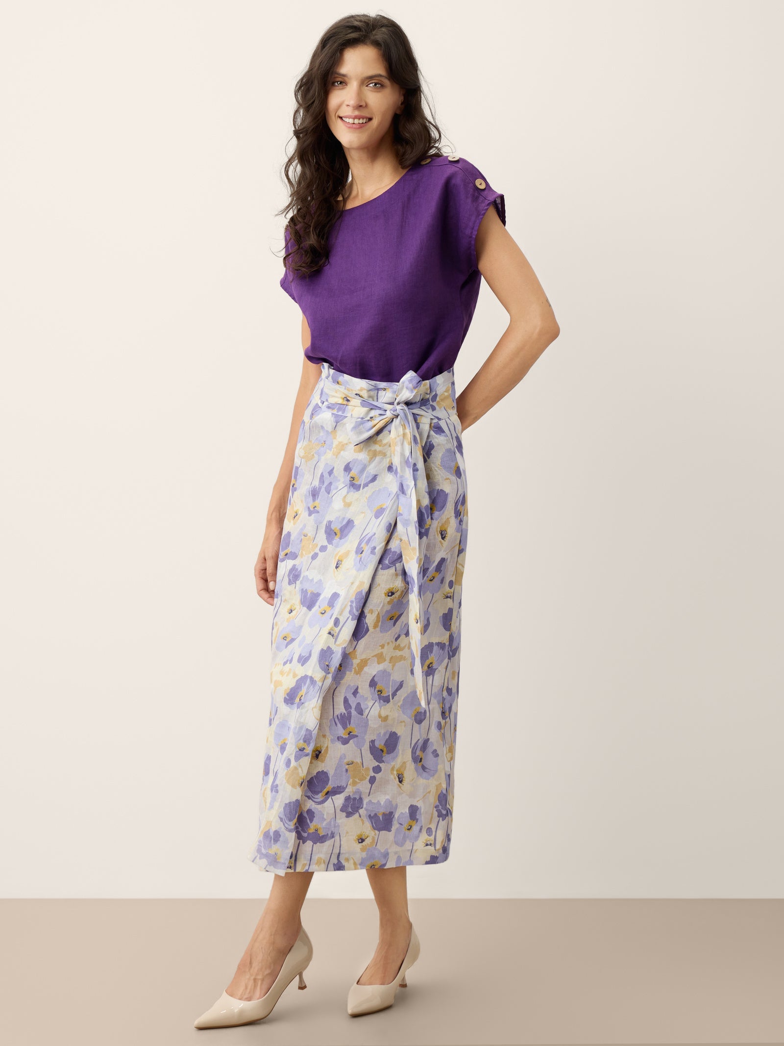 100% Linen Adjustable Wrap-Tie Carnation Print Skirt FRANCESCA DestGlow