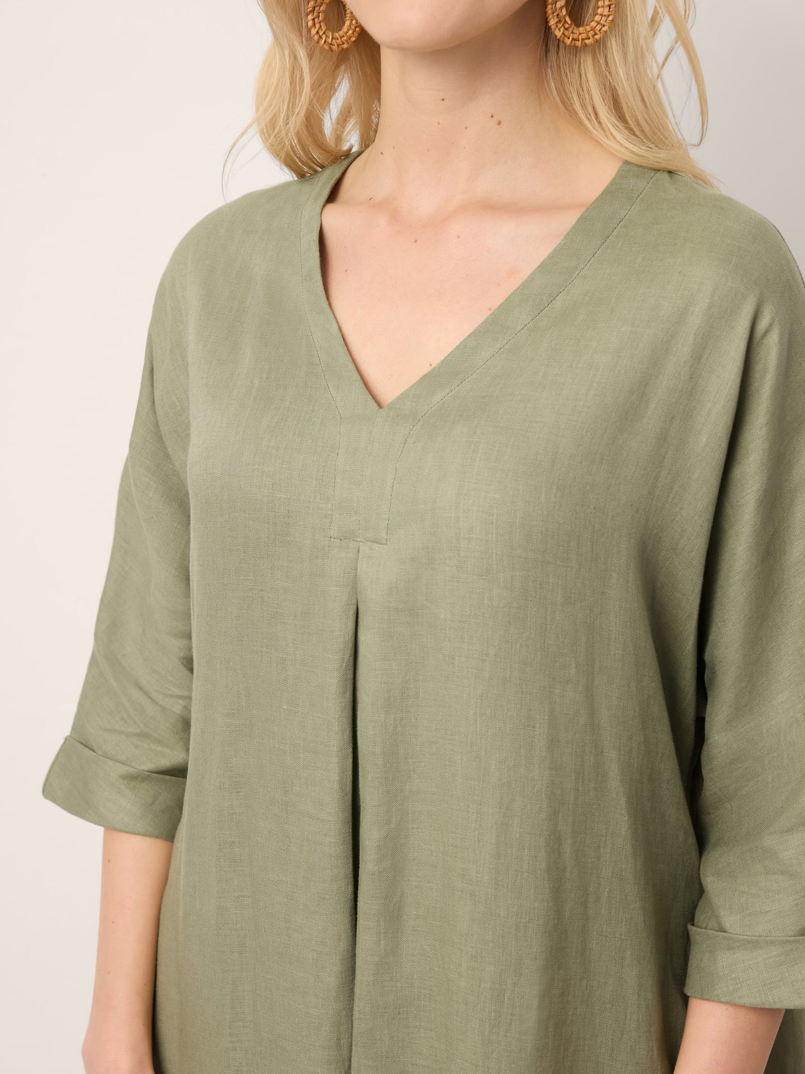 100% Linen Center Pleat V-Neck Cuffed Sleeve Maxi Dress ZENOBIA by LINTICO