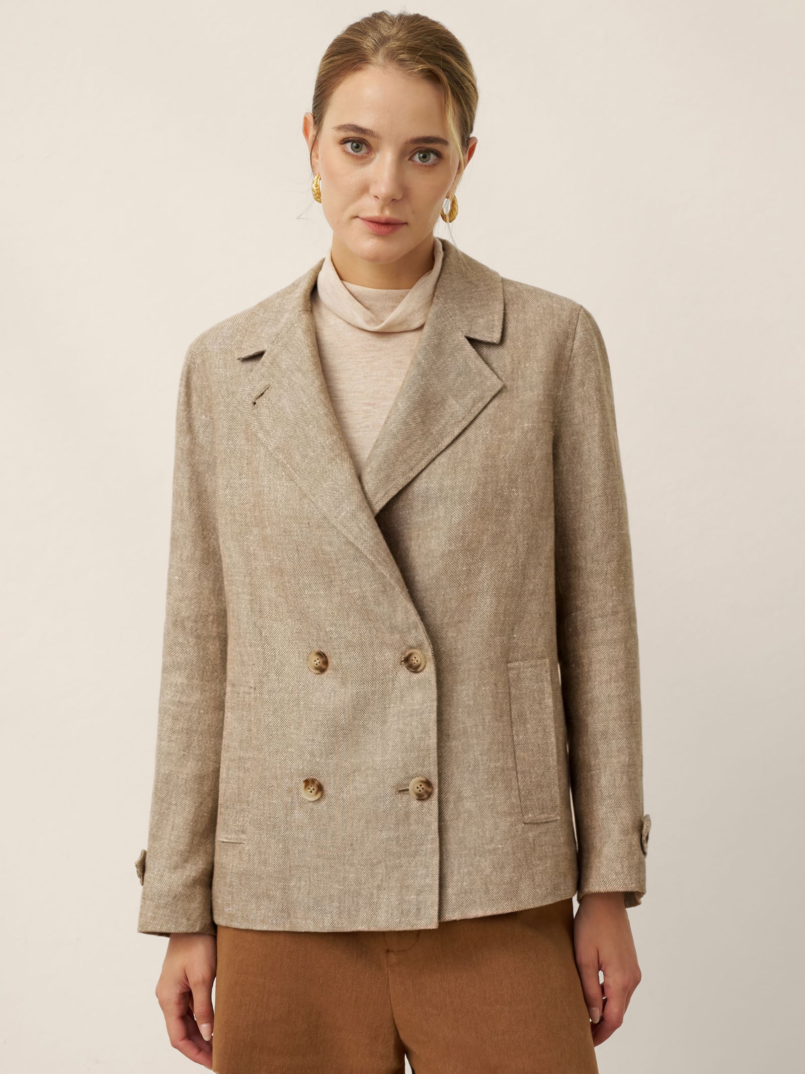 100% Linen Convertible Stand Collar Double Breasted Blazer Jacket NAOMI by LINTICO
