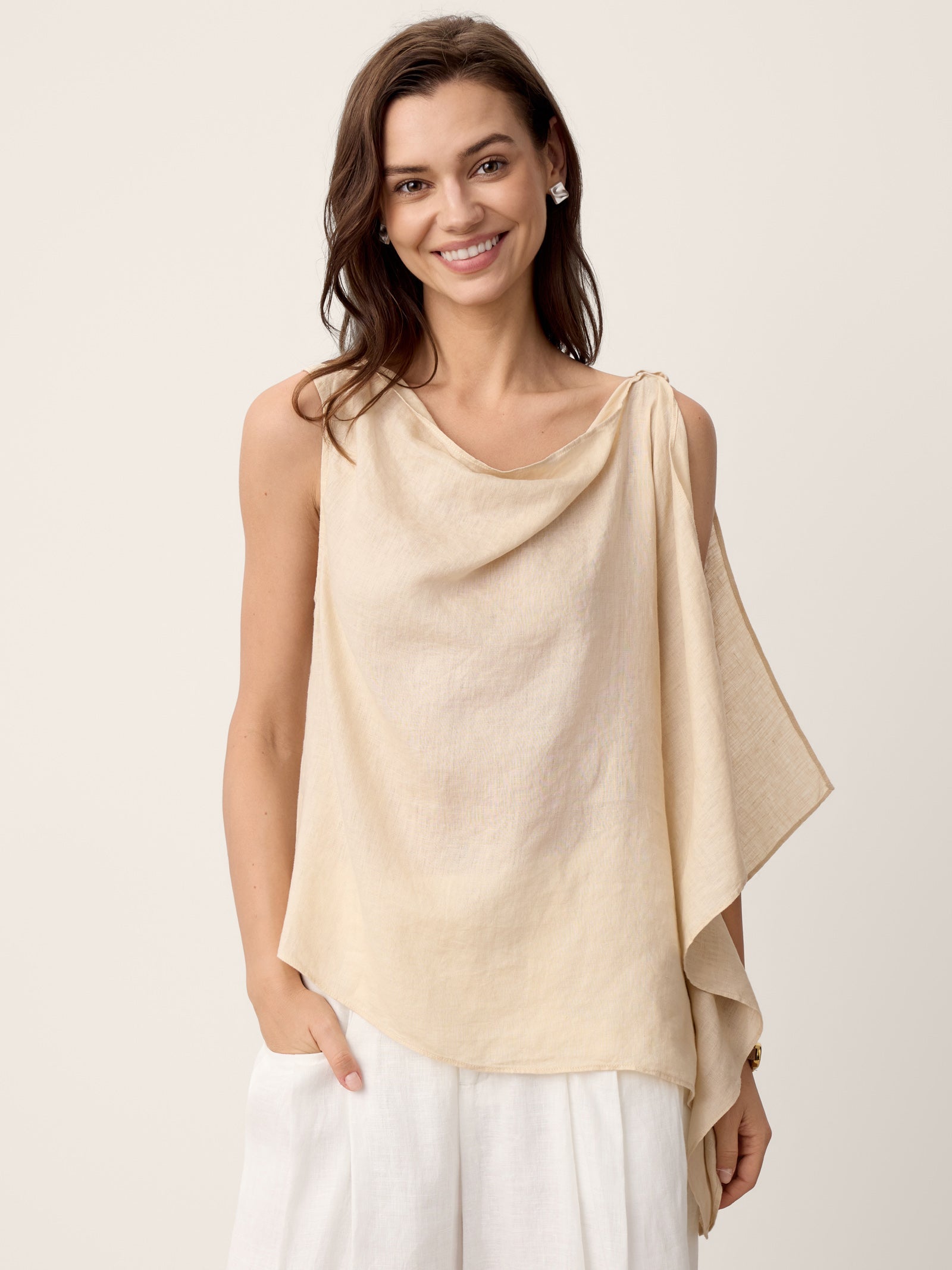 100% Linen Cowl-Neck Asymmetric Top LEVINA by LINTICO