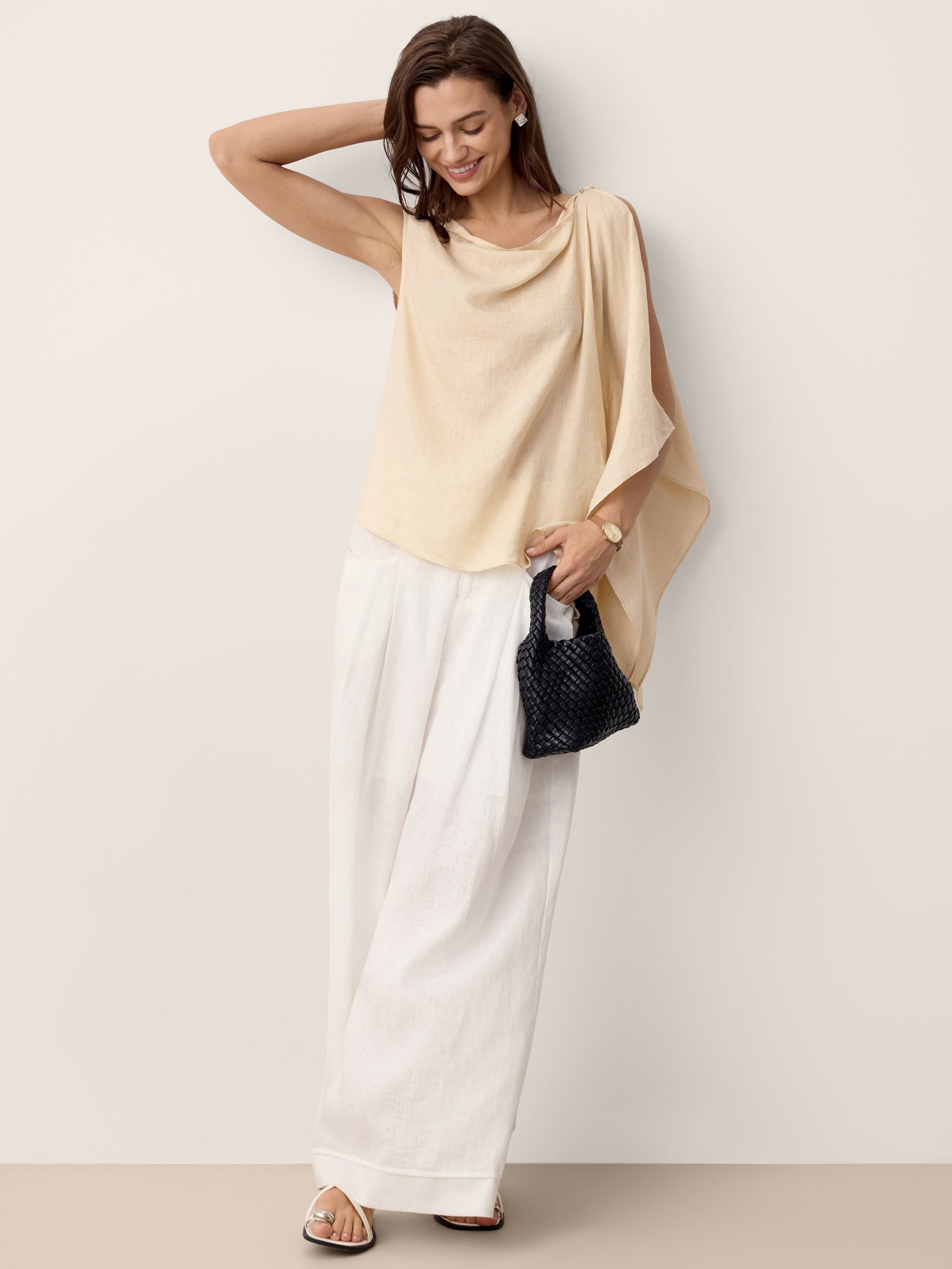 100% Linen Cowl-Neck Asymmetric Top LEVINA by LINTICO