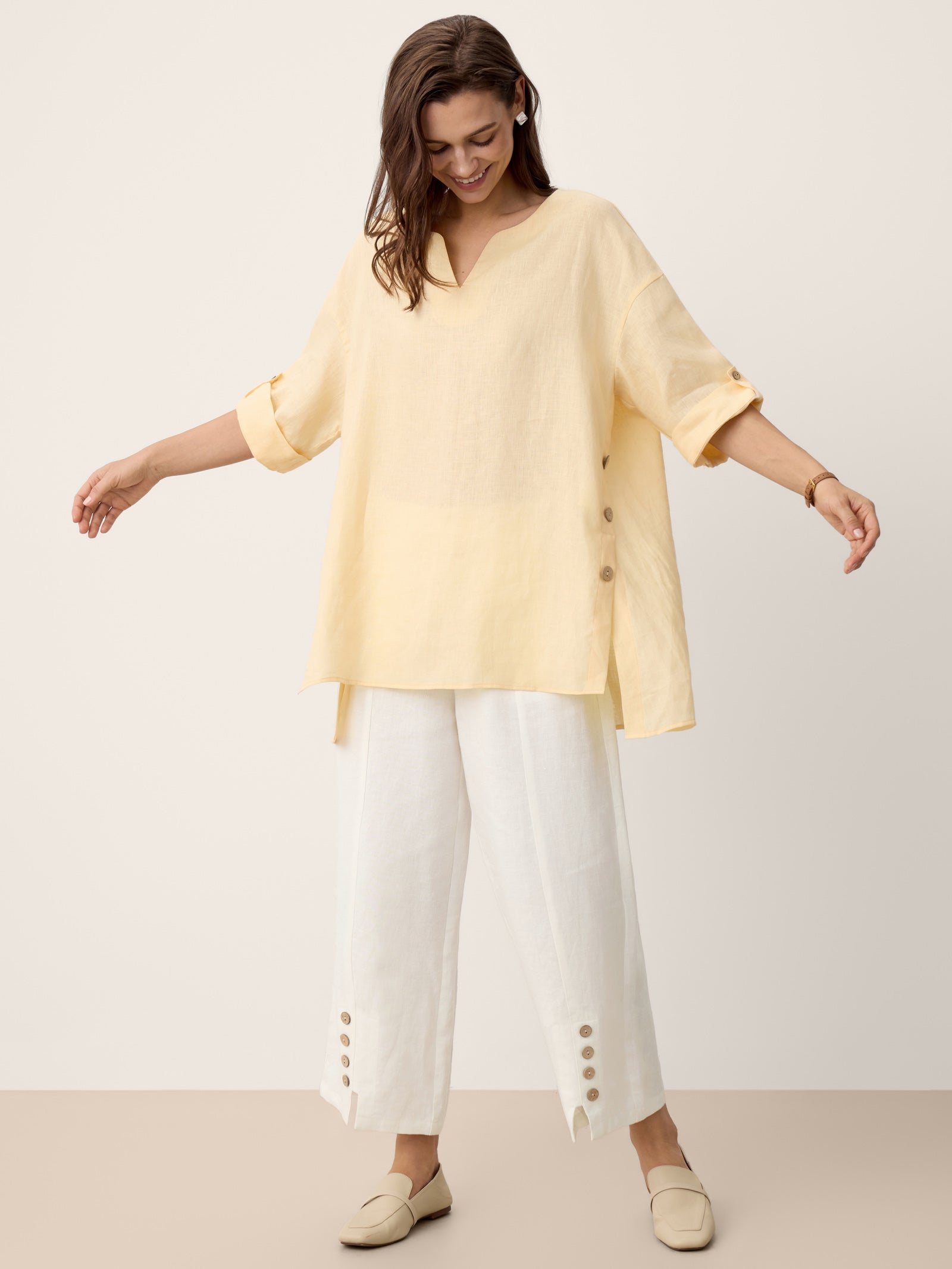 100% Linen Curved-Hem Oversized Top DAPHNEA DestGlow