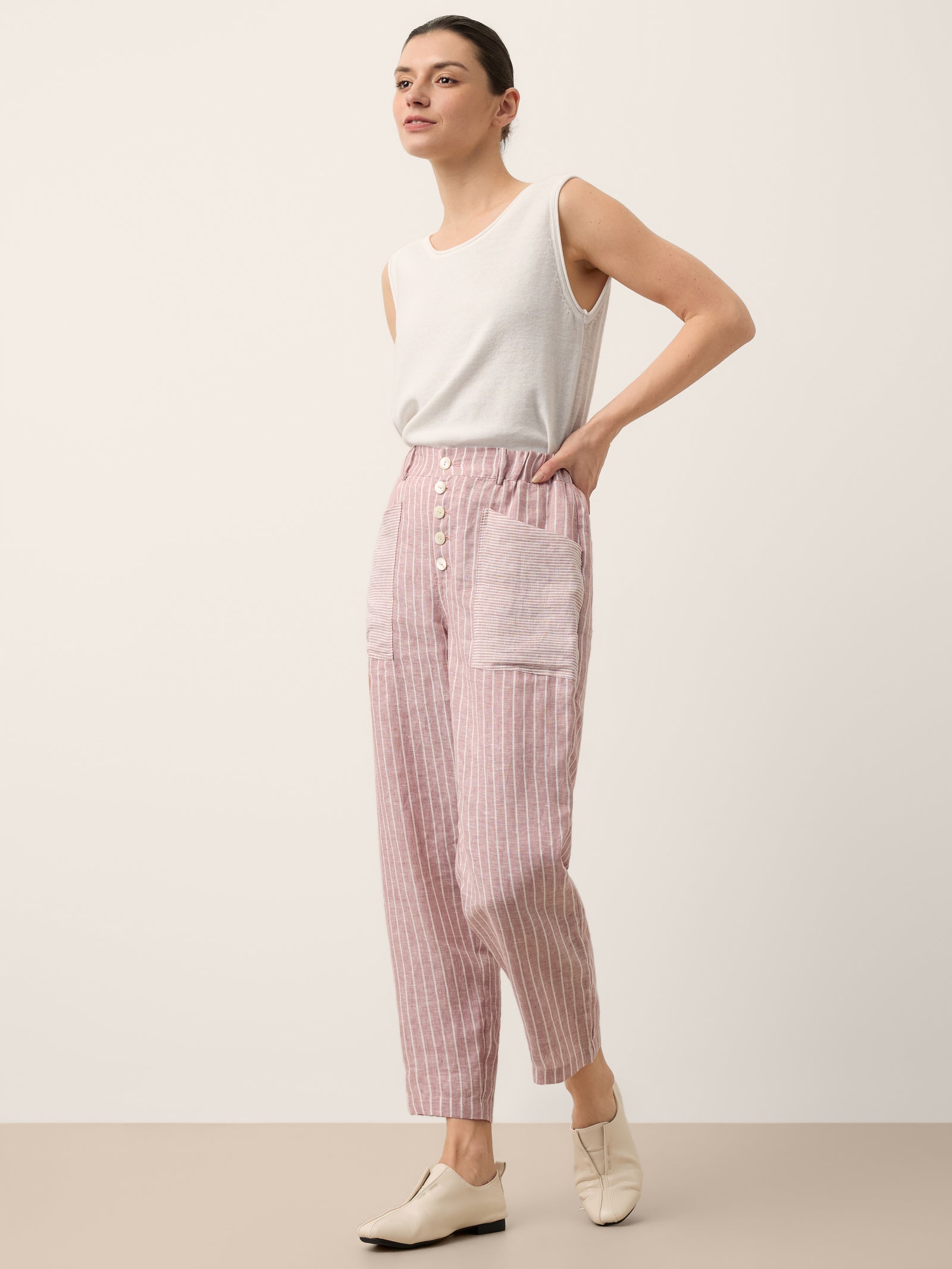 100% Linen Striped Patch Pocket Tapered Pants NERISSAH DestGlow