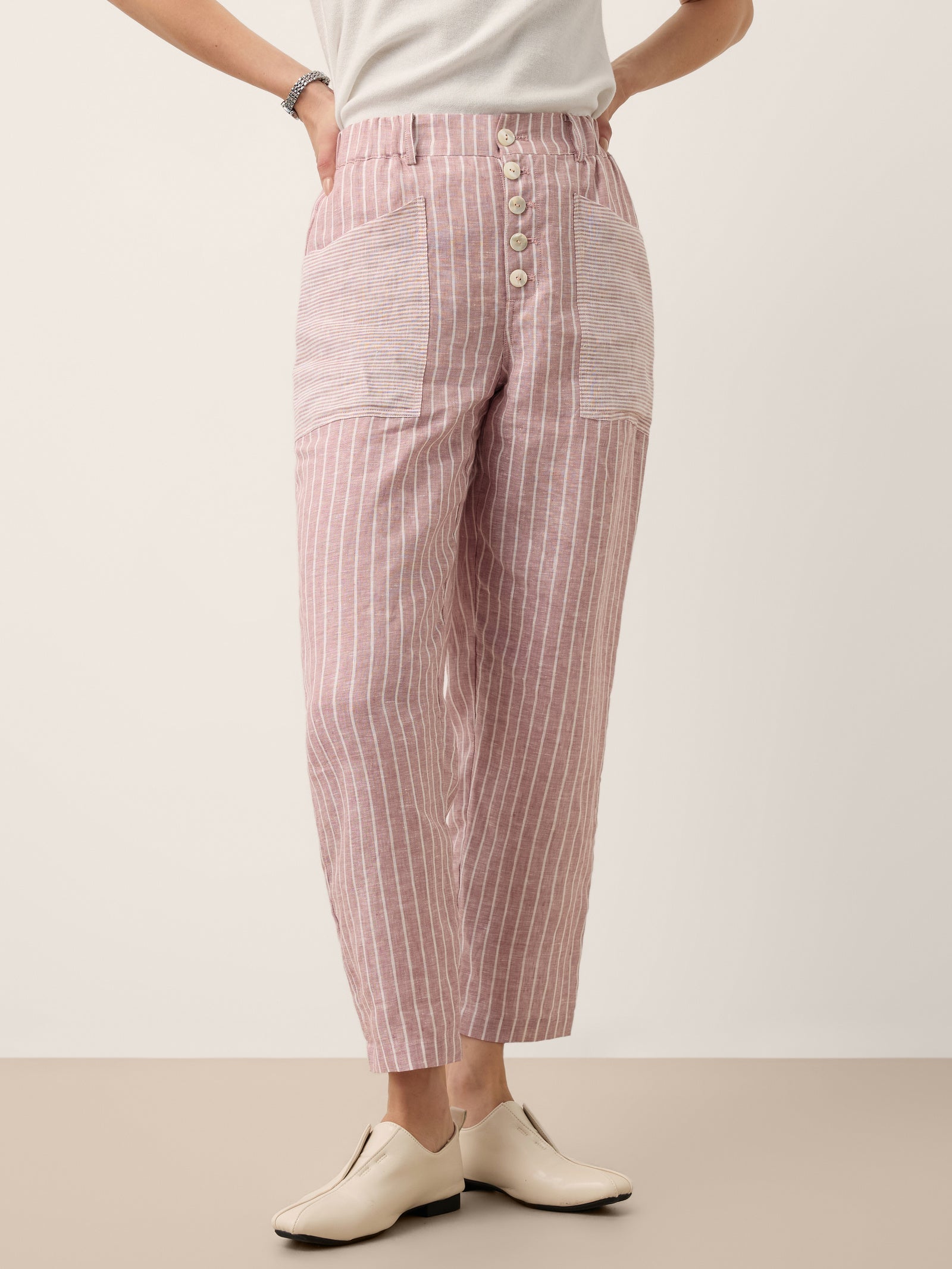 100% Linen Striped Patch Pocket Tapered Pants NERISSAH DestGlow