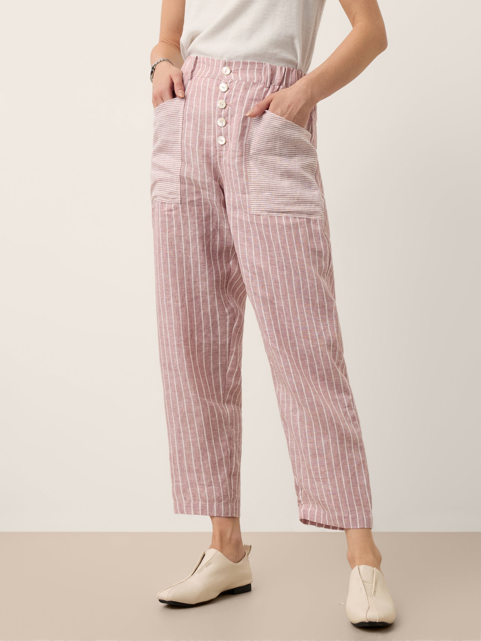100% Linen Striped Patch Pocket Tapered Pants NERISSAH DestGlow