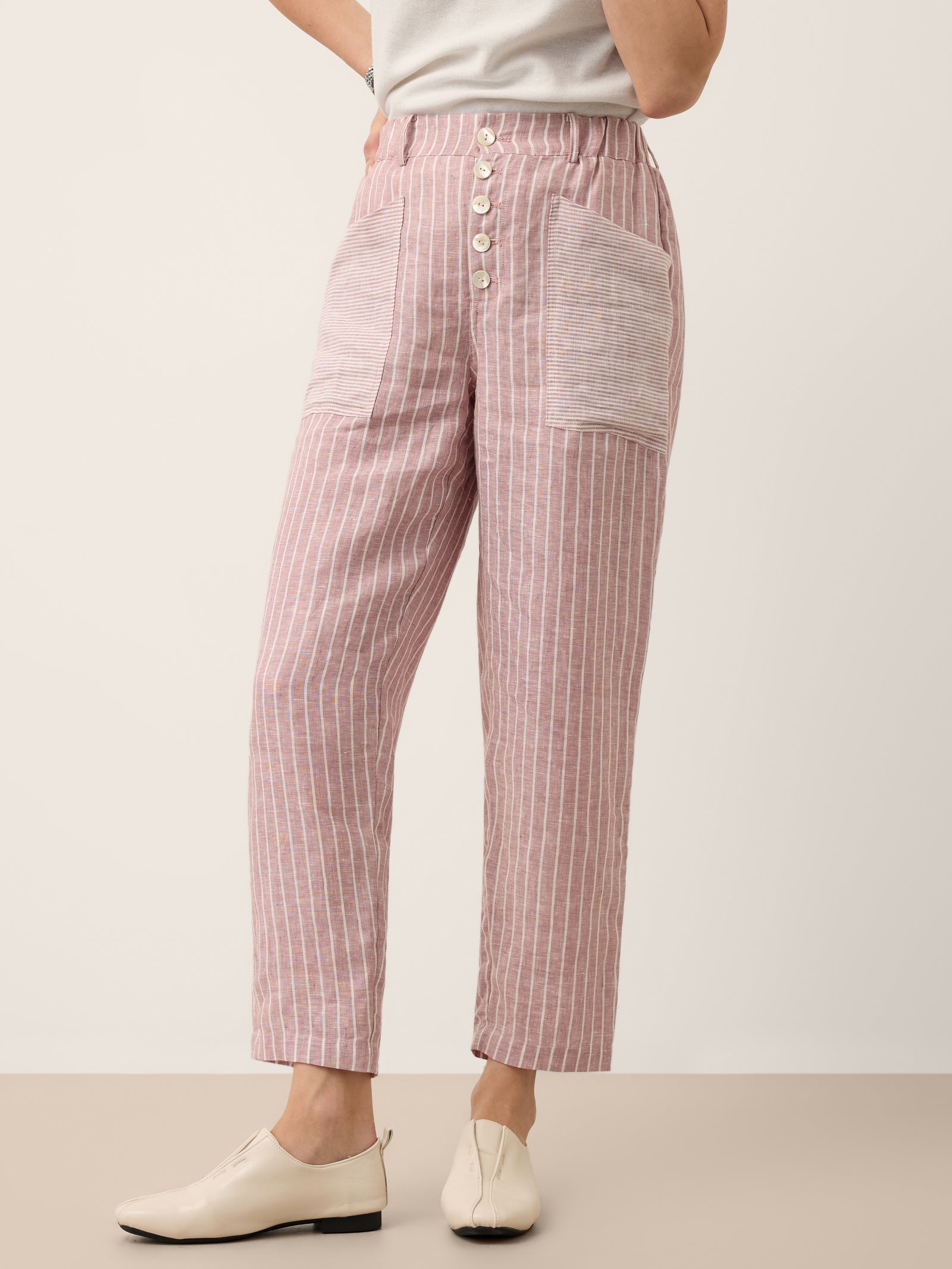 100% Linen Striped Patch Pocket Tapered Pants NERISSAH DestGlow