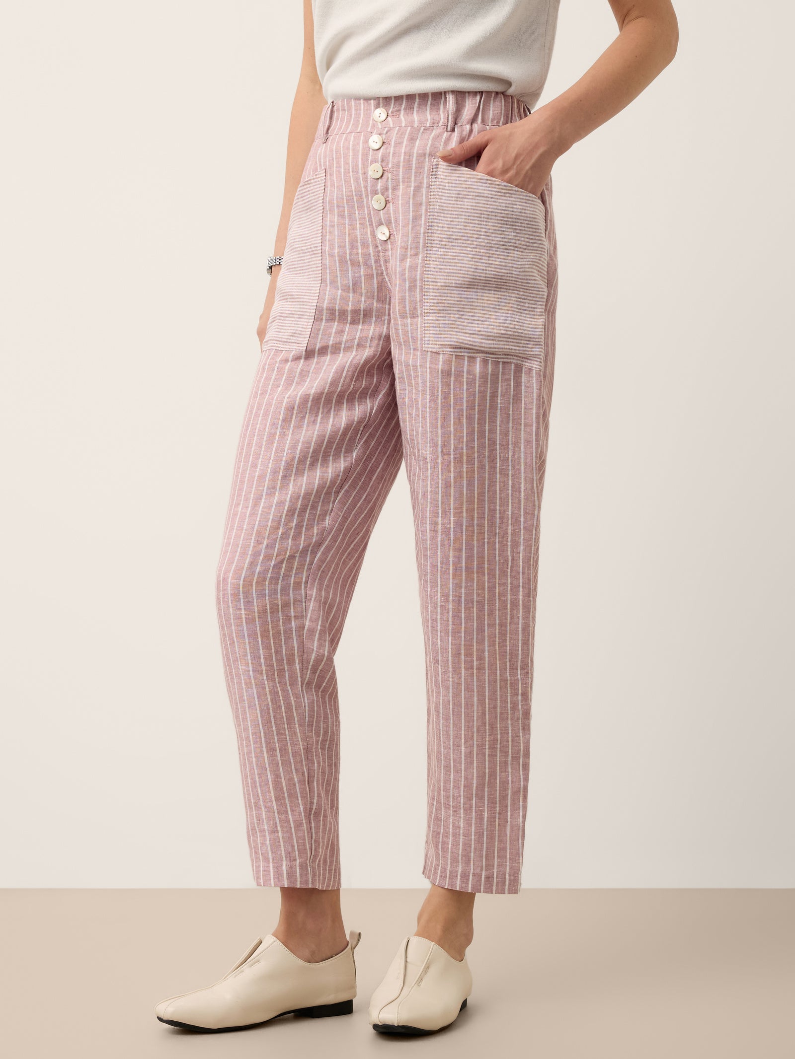 100% Linen Striped Patch Pocket Tapered Pants NERISSAH DestGlow