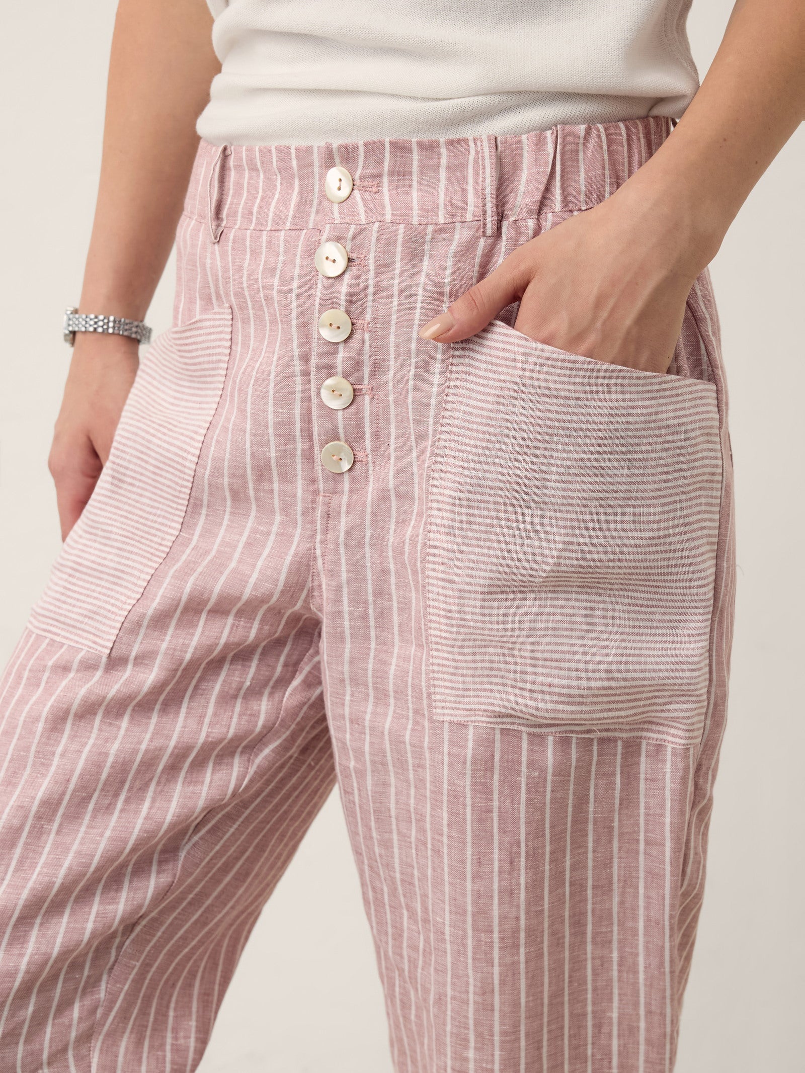 100% Linen Striped Patch Pocket Tapered Pants NERISSAH DestGlow
