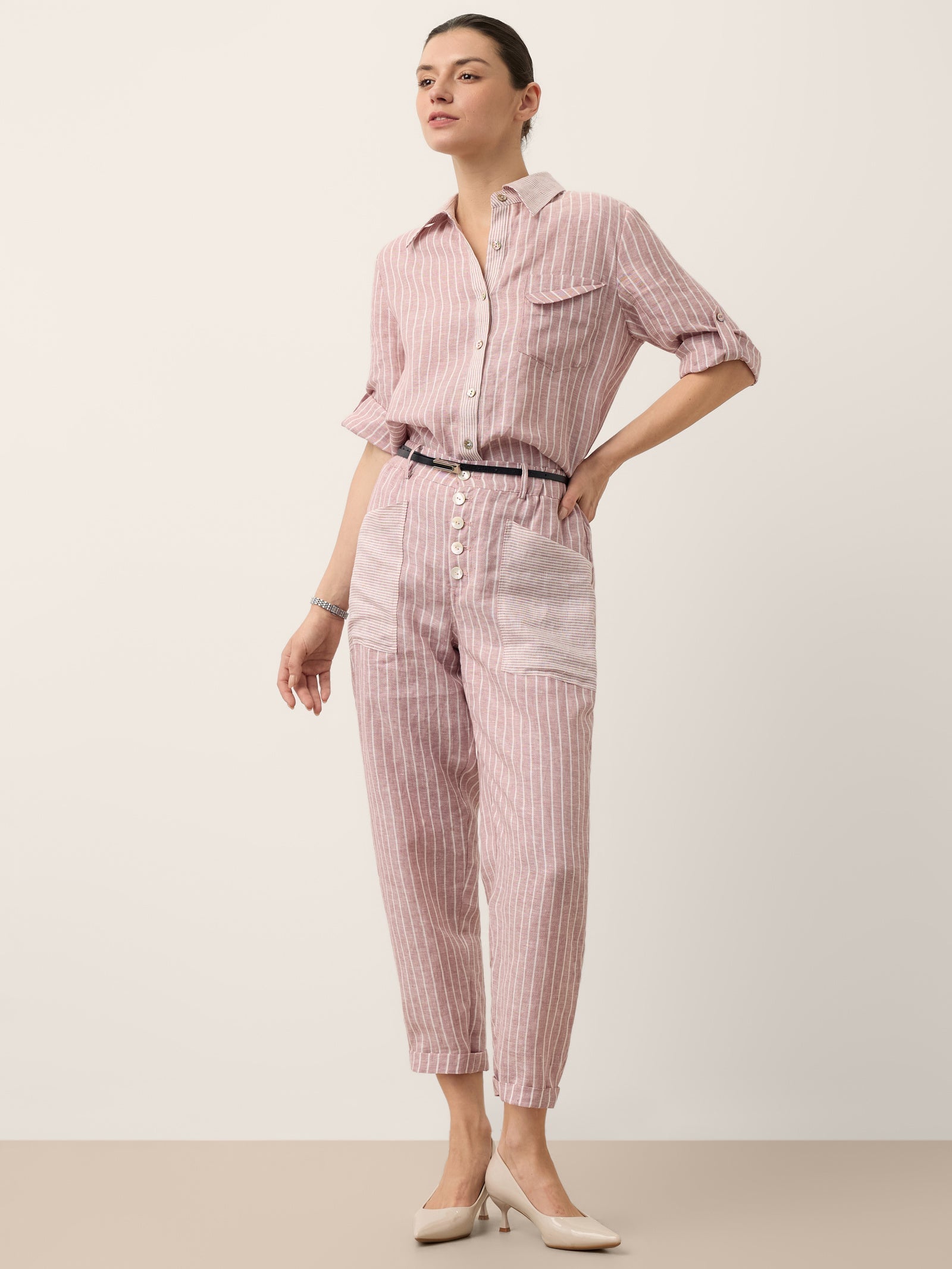 100% Linen Striped Patch Pocket Tapered Pants NERISSAH DestGlow