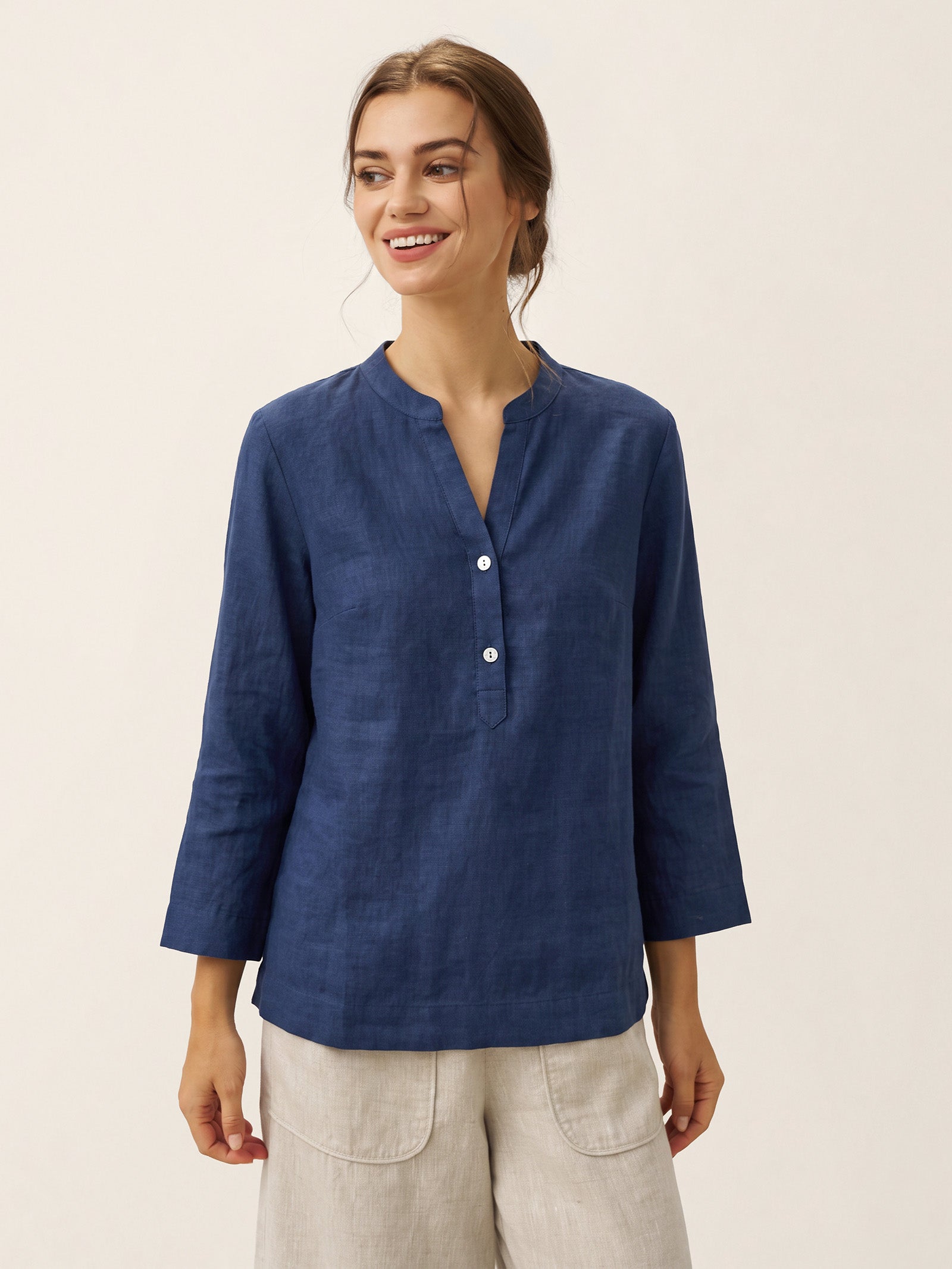 100% Linen Deep V-Neck Pullover with Button-Trim JOLYNE DestGlow