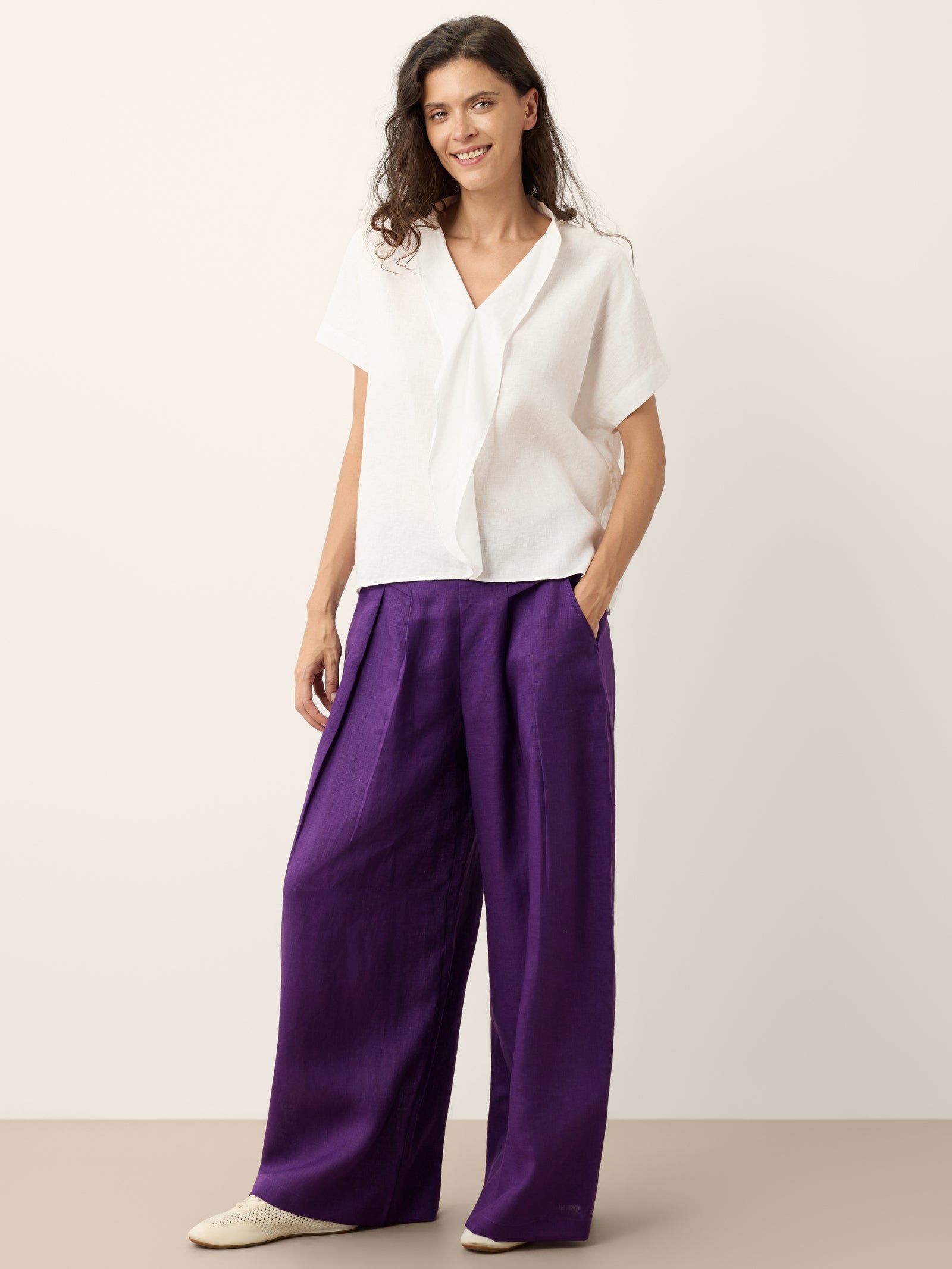 100% Linen Double Ruffle Soft Collar Top VERONICA by LINTICO