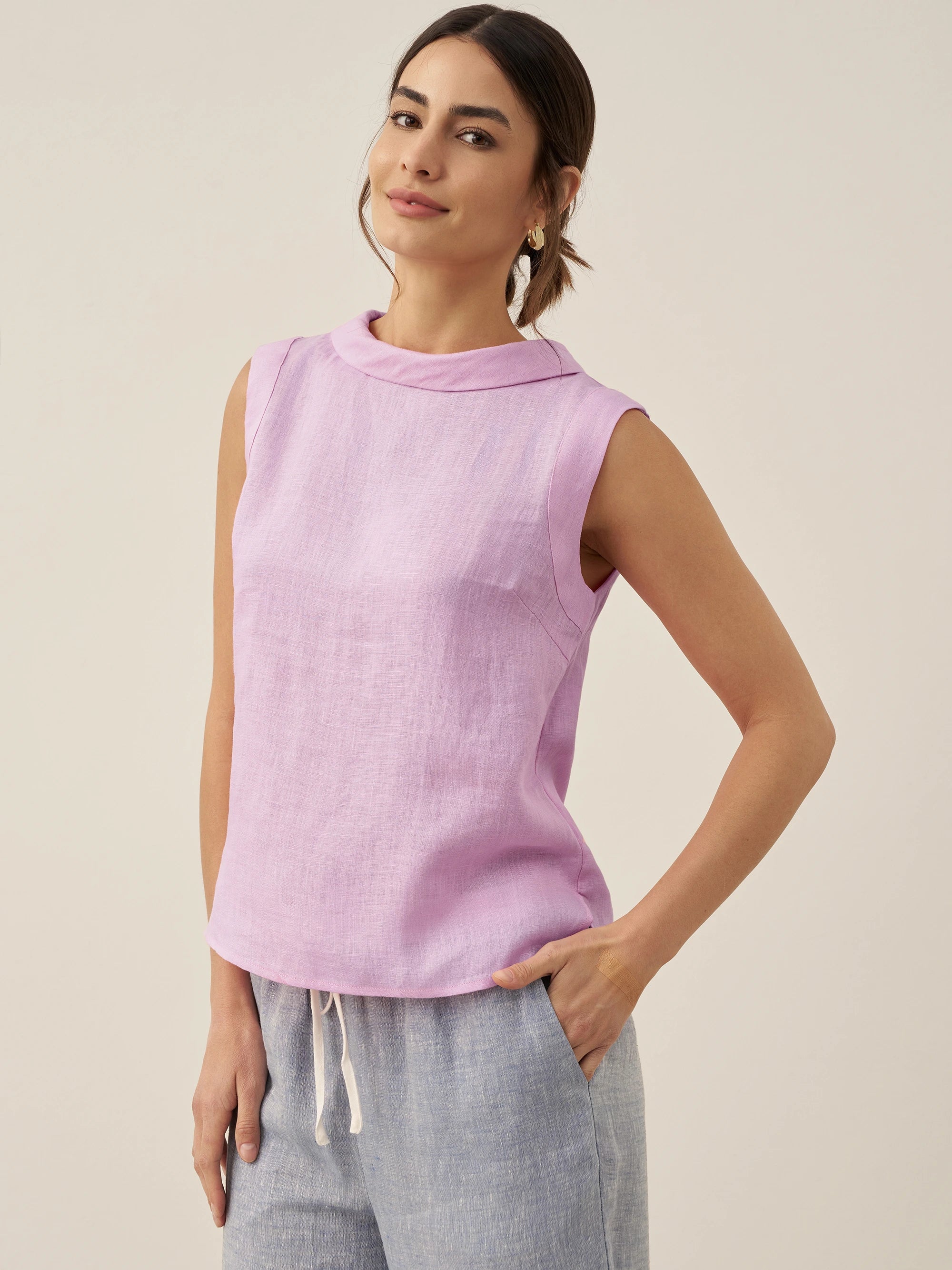 100% Linen Draped Collar Tank Top JACQUELINE by LINTICO