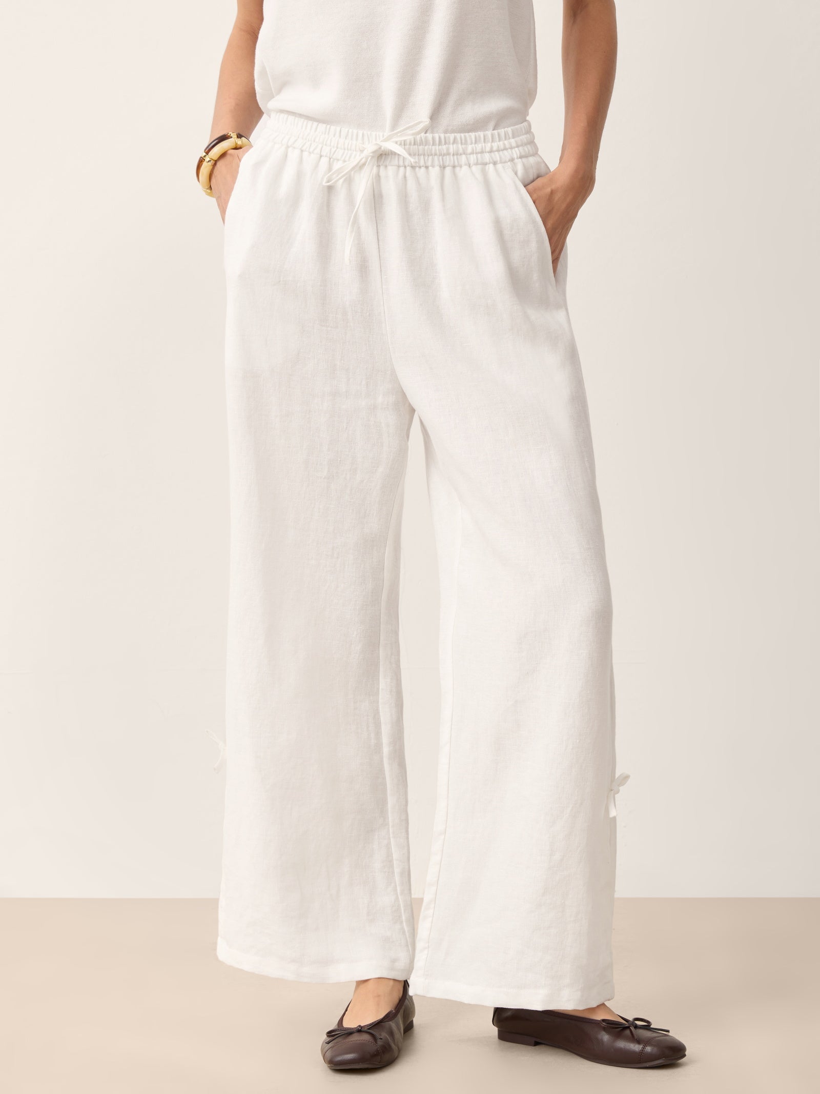 100% Linen Convertible Drawstring Hem Elasticated Waist Wide-Leg Pants YSELINE DestGlow