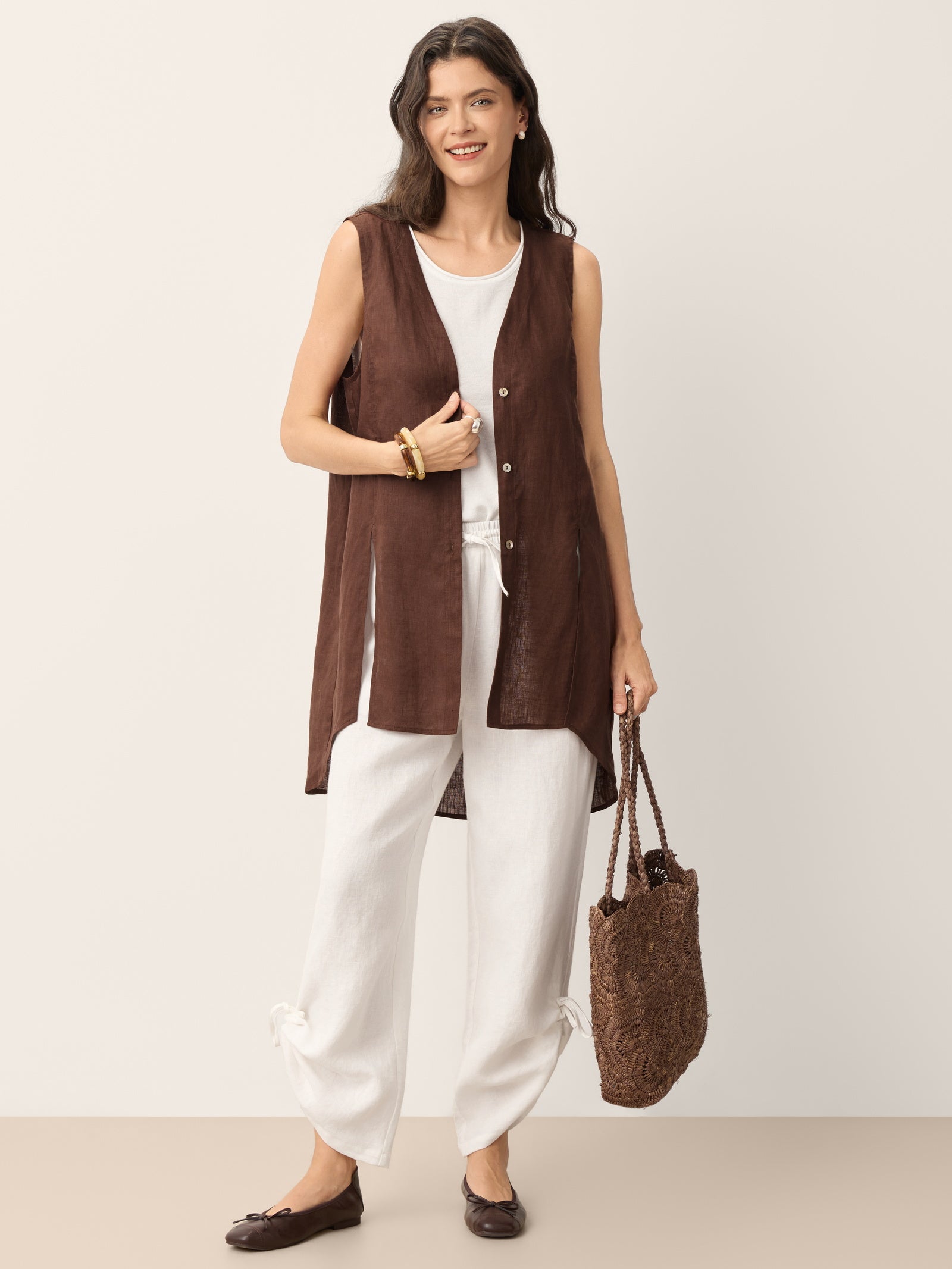 100% Linen Convertible Drawstring Hem Elasticated Waist Wide-Leg Pants YSELINE DestGlow