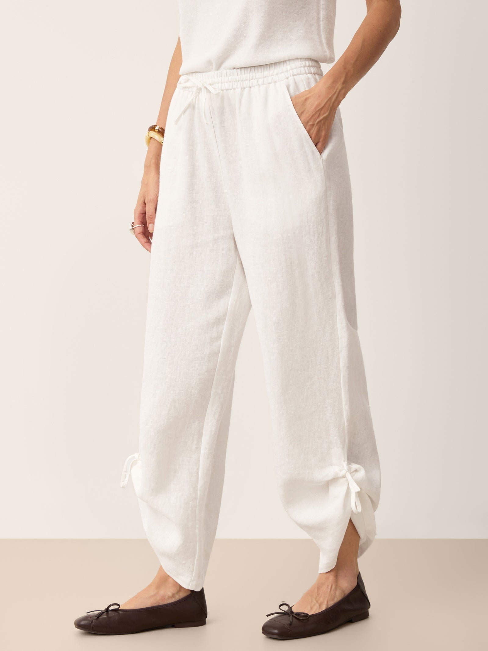 100% Linen Convertible Drawstring Hem Elasticated Waist Wide-Leg Pants YSELINE DestGlow