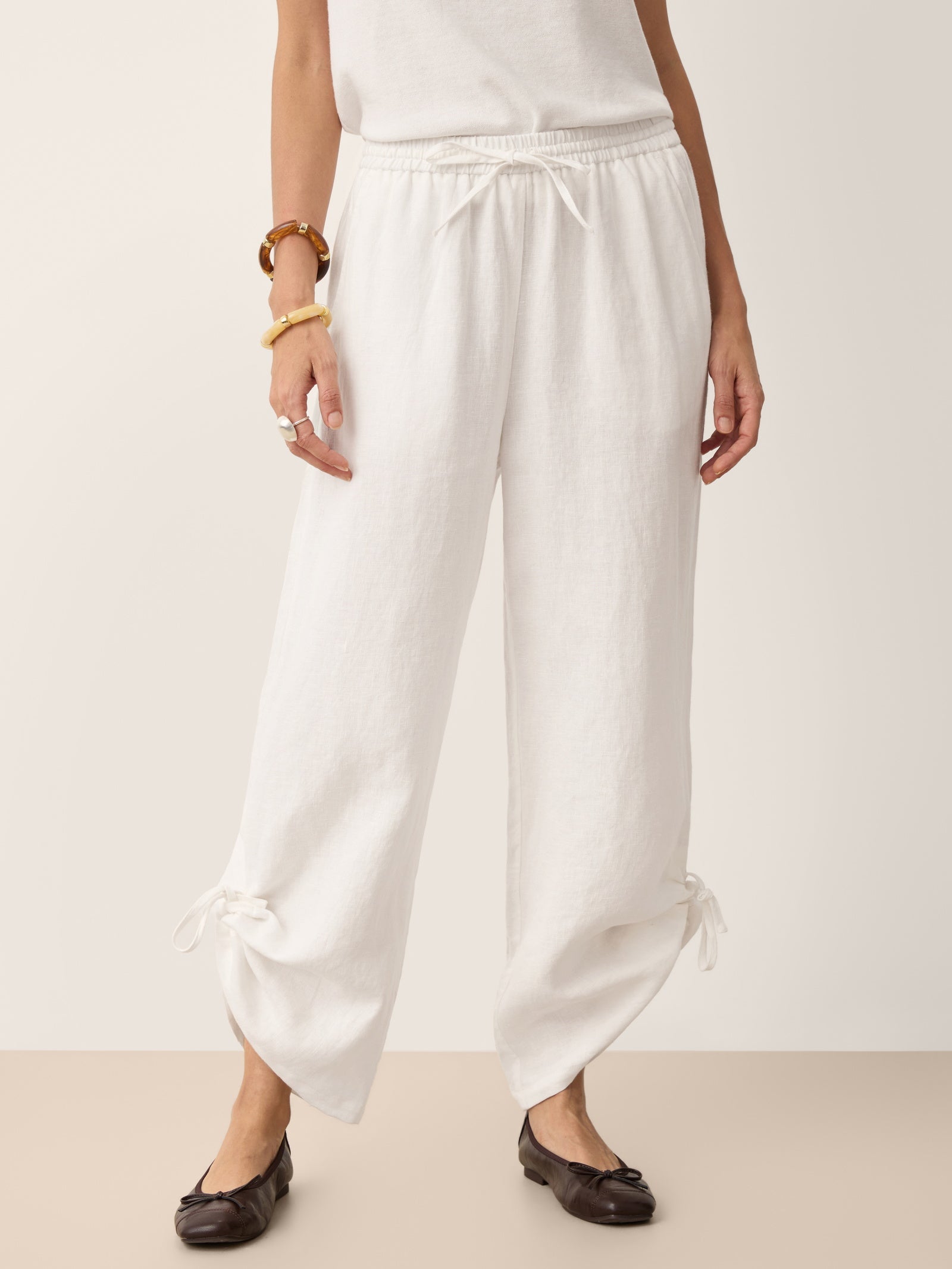 100% Linen Convertible Drawstring Hem Elasticated Waist Wide-Leg Pants YSELINE DestGlow