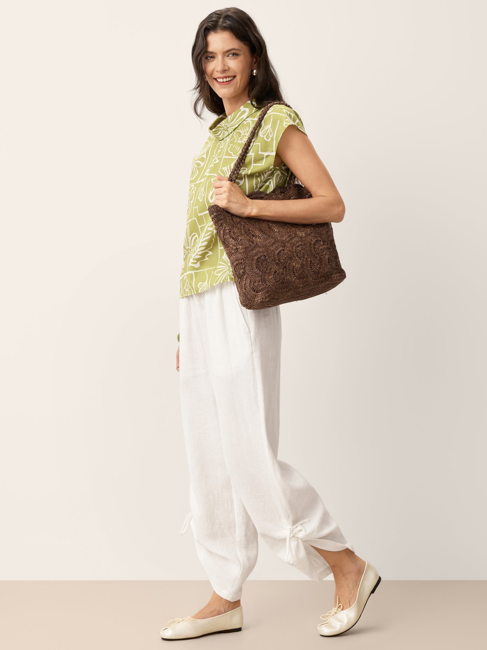 100% Linen Convertible Drawstring Hem Elasticated Waist Wide-Leg Pants YSELINE DestGlow