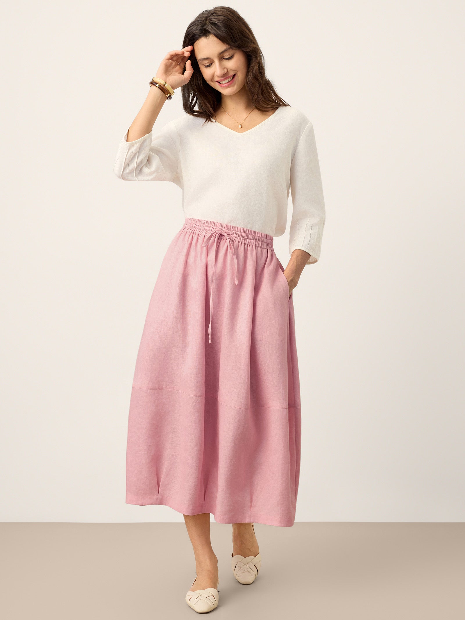 100% Linen Drawstring Lantern Maxi Skirt with Pockets ROXANNE by LINTICO