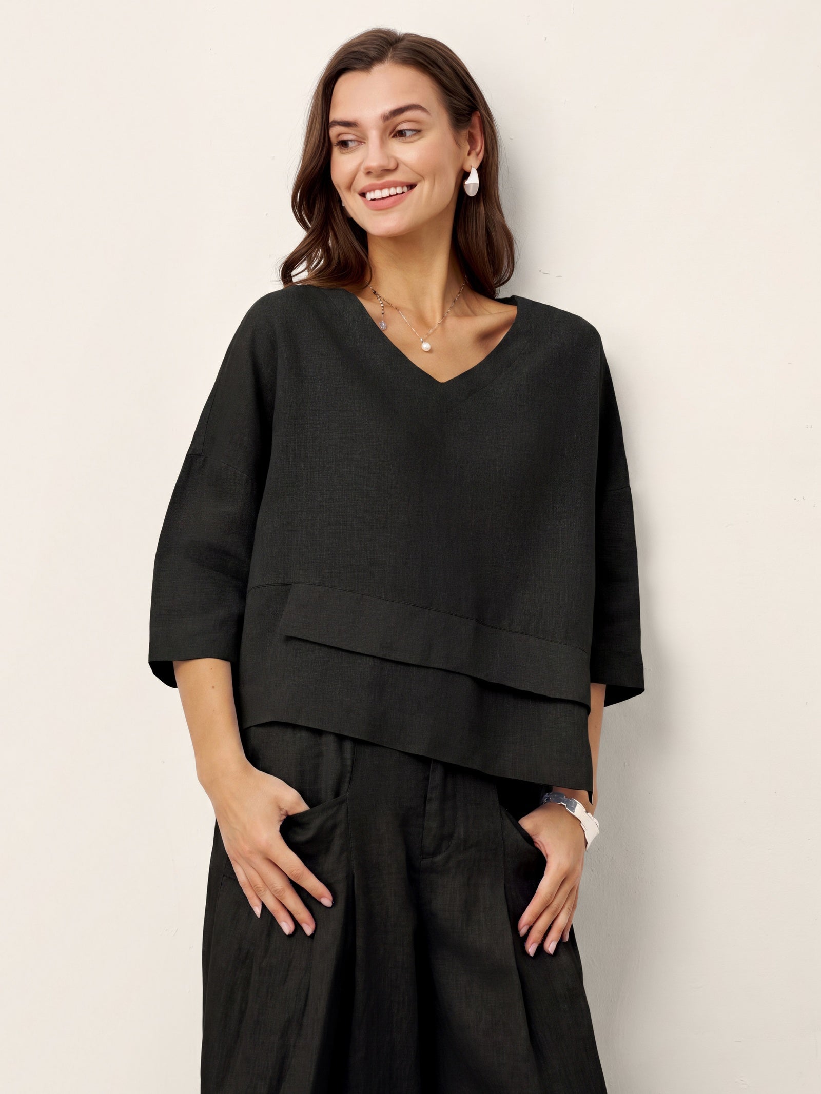 100% Linen Drop Shoulder Asymmetric Layered Hem Overtop VIOLA by LINTICO
