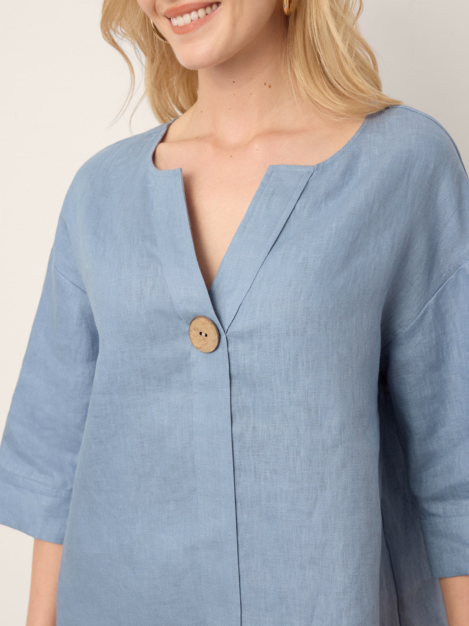 100% Linen Drop Shoulder V-Neck Statement Button Top LISARA by LINTICO