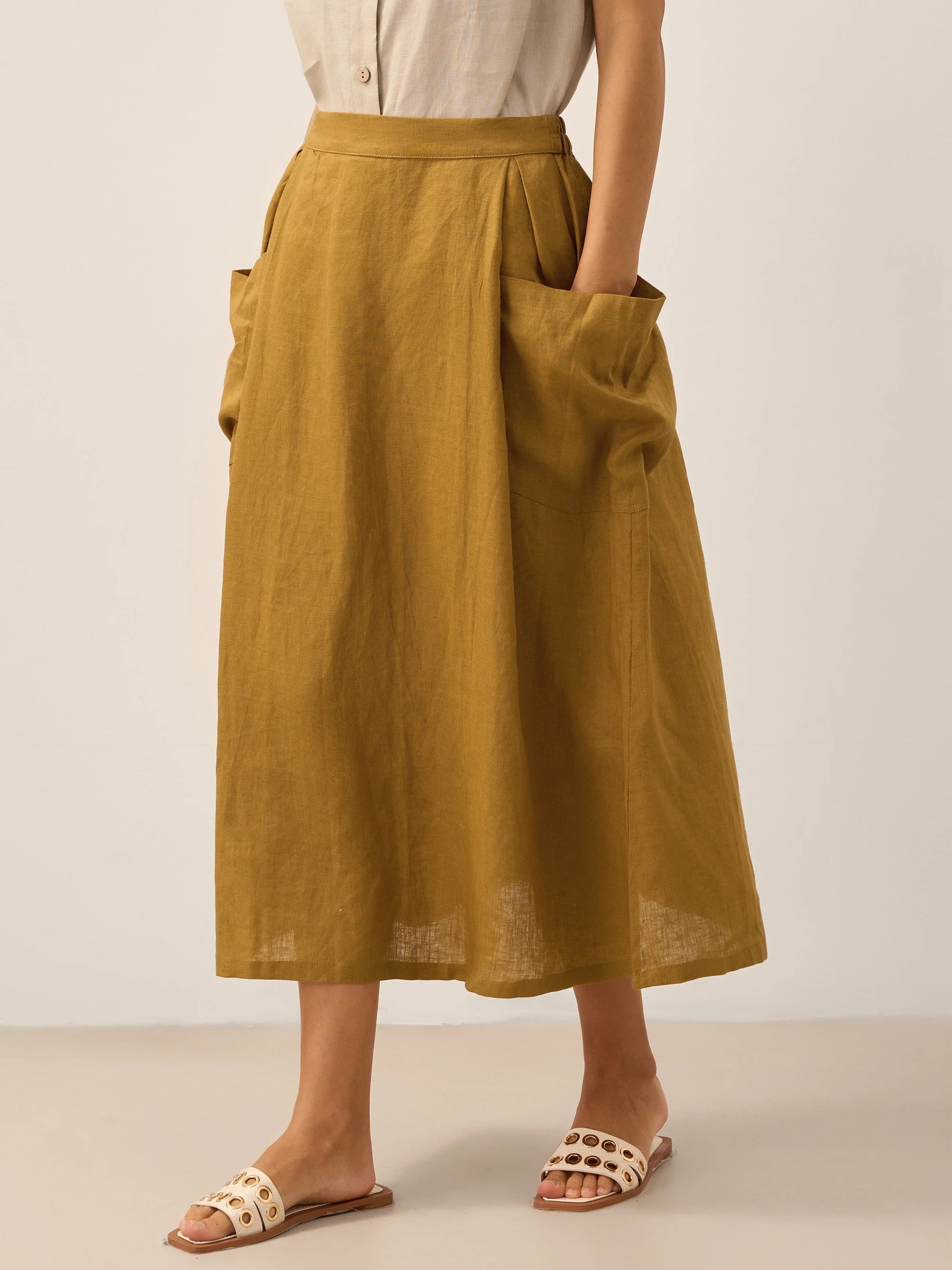 Linen Checked Elastic Waist Skirt MARINA