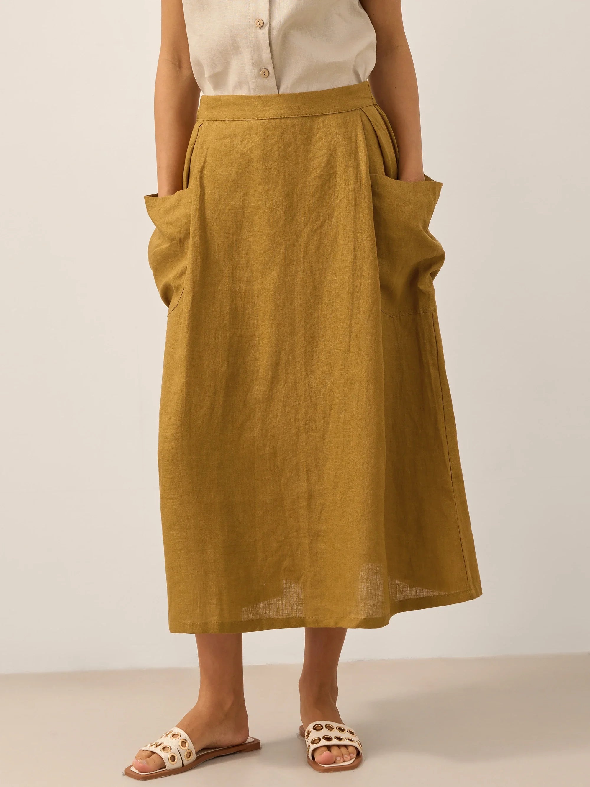 Linen Checked Elastic Waist Skirt MARINA