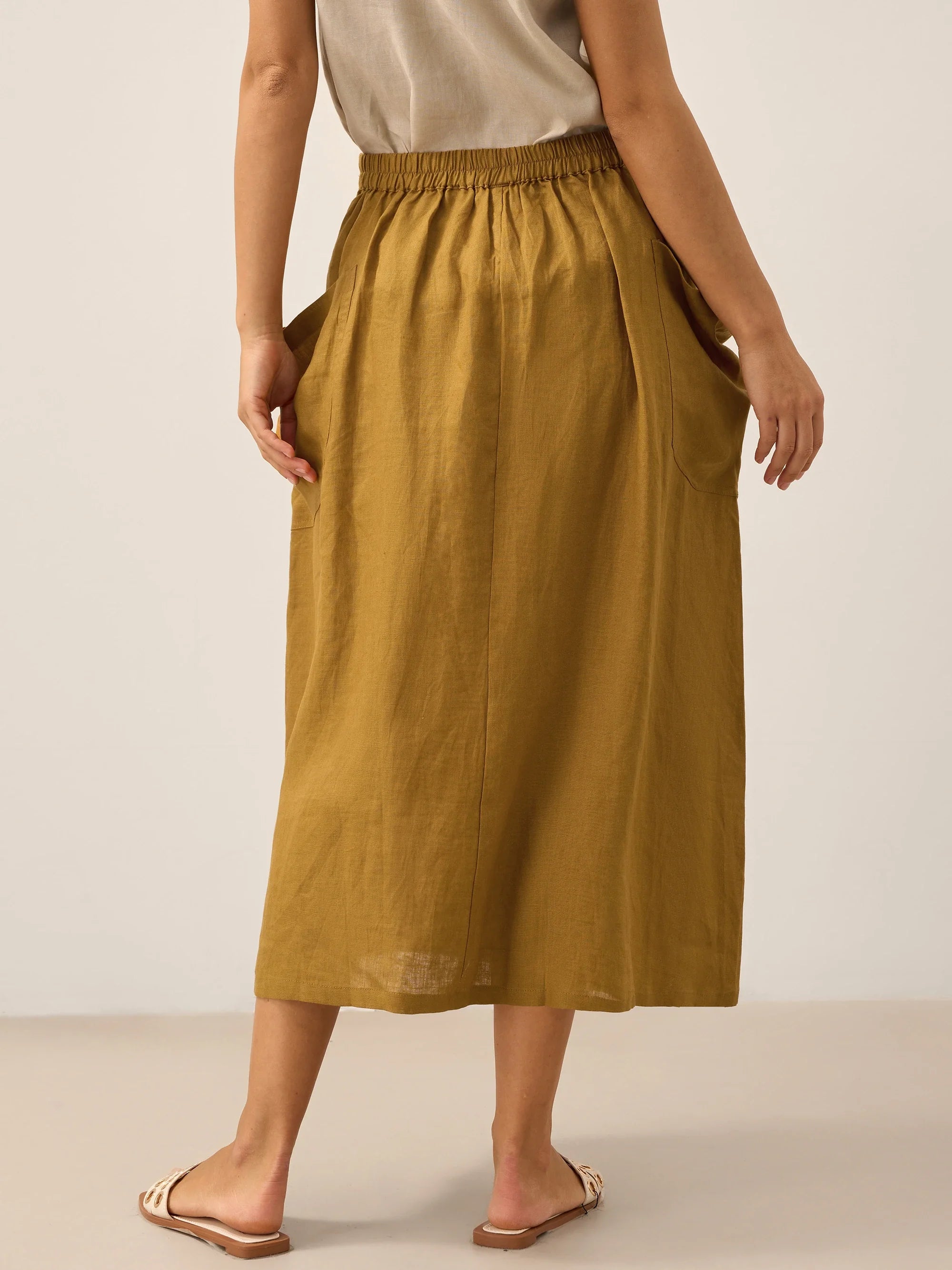 Linen Checked Elastic Waist Skirt MARINA