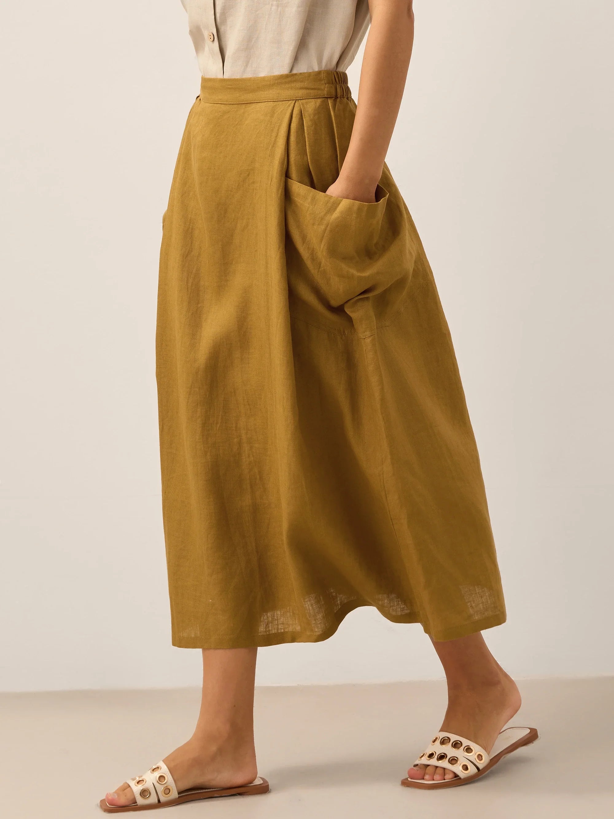 Linen Checked Elastic Waist Skirt MARINA