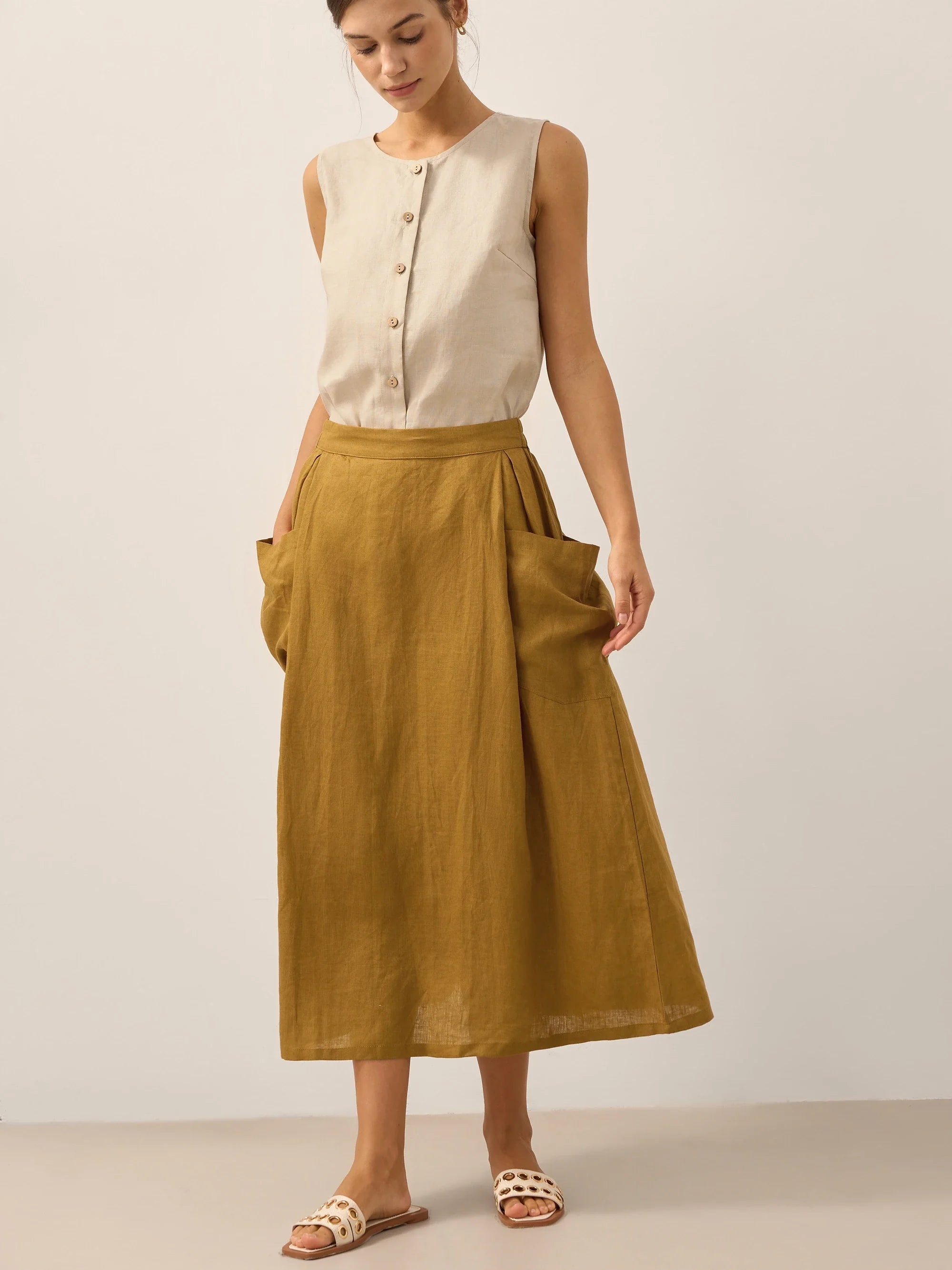 Linen Checked Elastic Waist Skirt MARINA