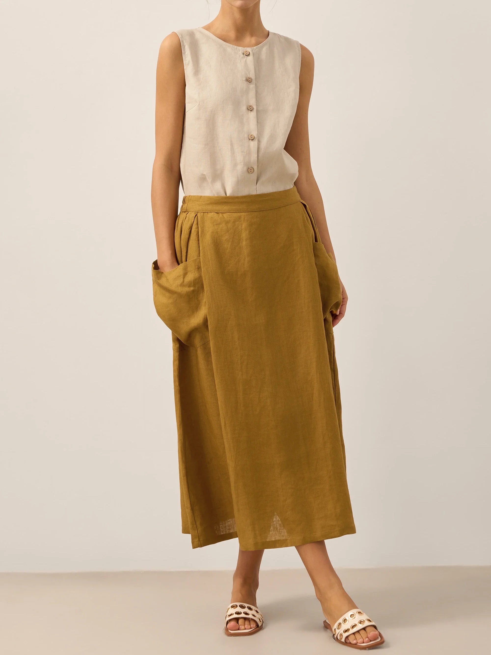Linen Checked Elastic Waist Skirt MARINA