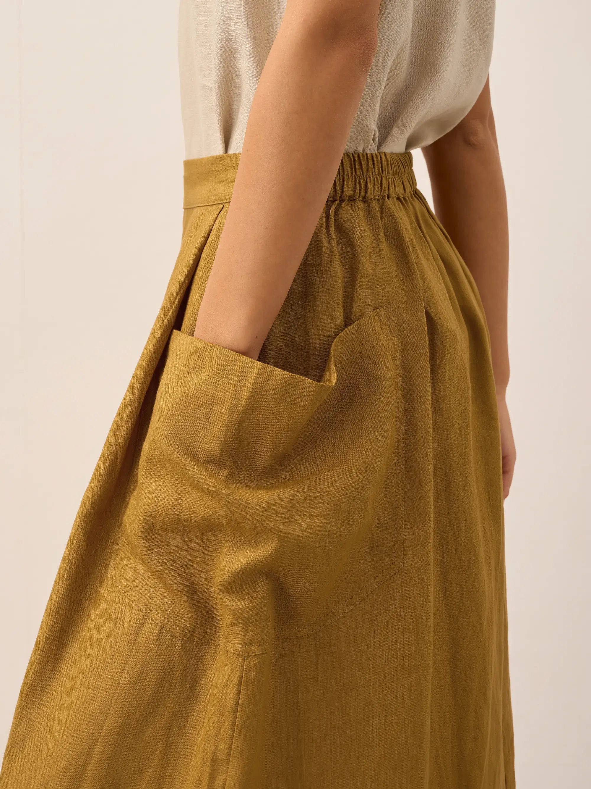 Linen Checked Elastic Waist Skirt MARINA