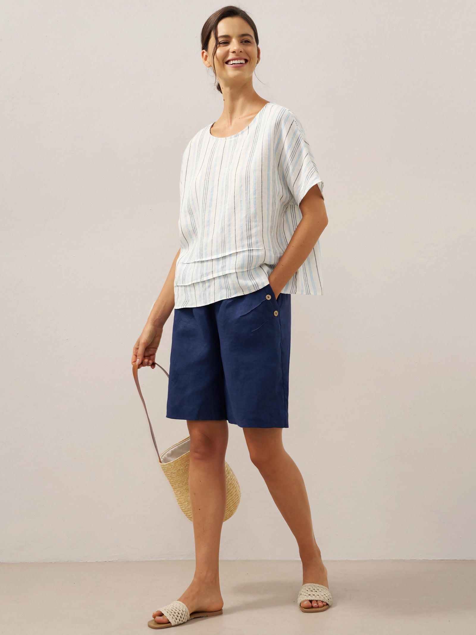 100% Linen Elastic Waistband Capri Pants ANNA by LINTICO