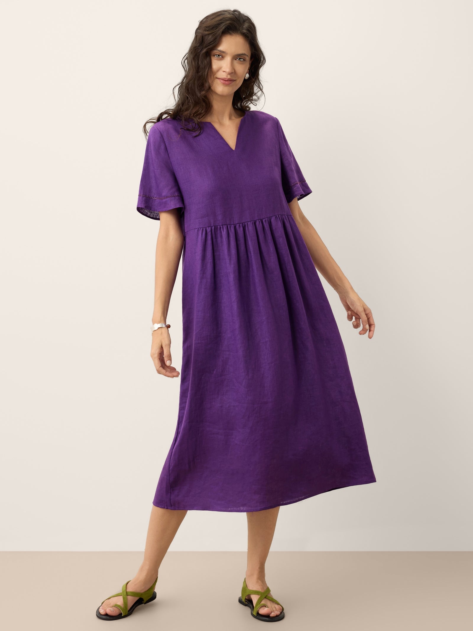 100% Linen Embroidered Cuff Split Neck Midi Dress OCTAVIA DestGlow
