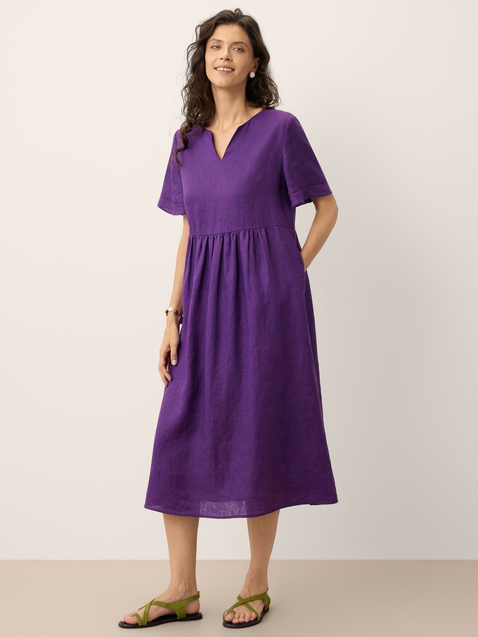 100% Linen Embroidered Cuff Split Neck Midi Dress OCTAVIA DestGlow