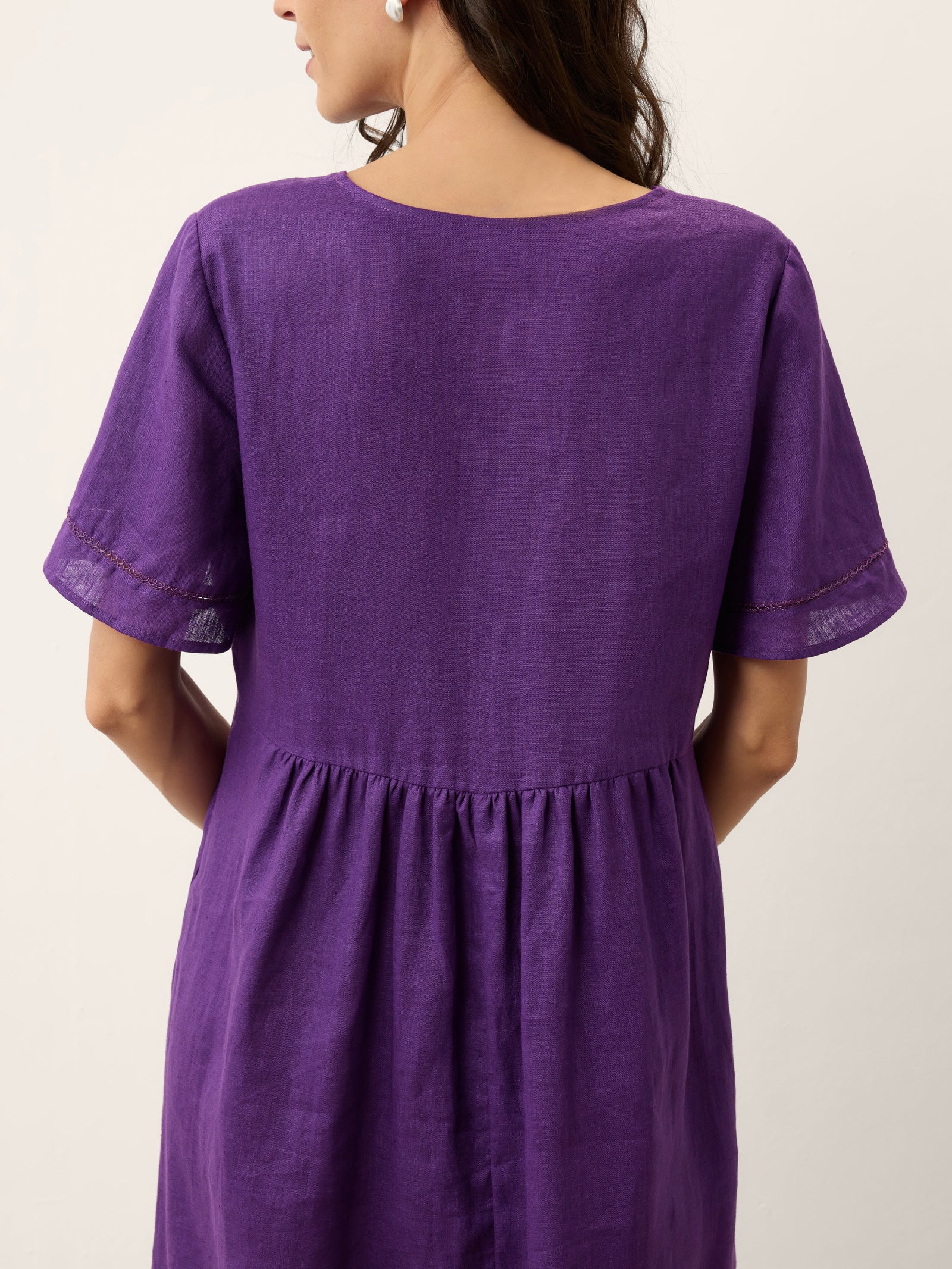 100% Linen Embroidered Cuff Split Neck Midi Dress OCTAVIA DestGlow